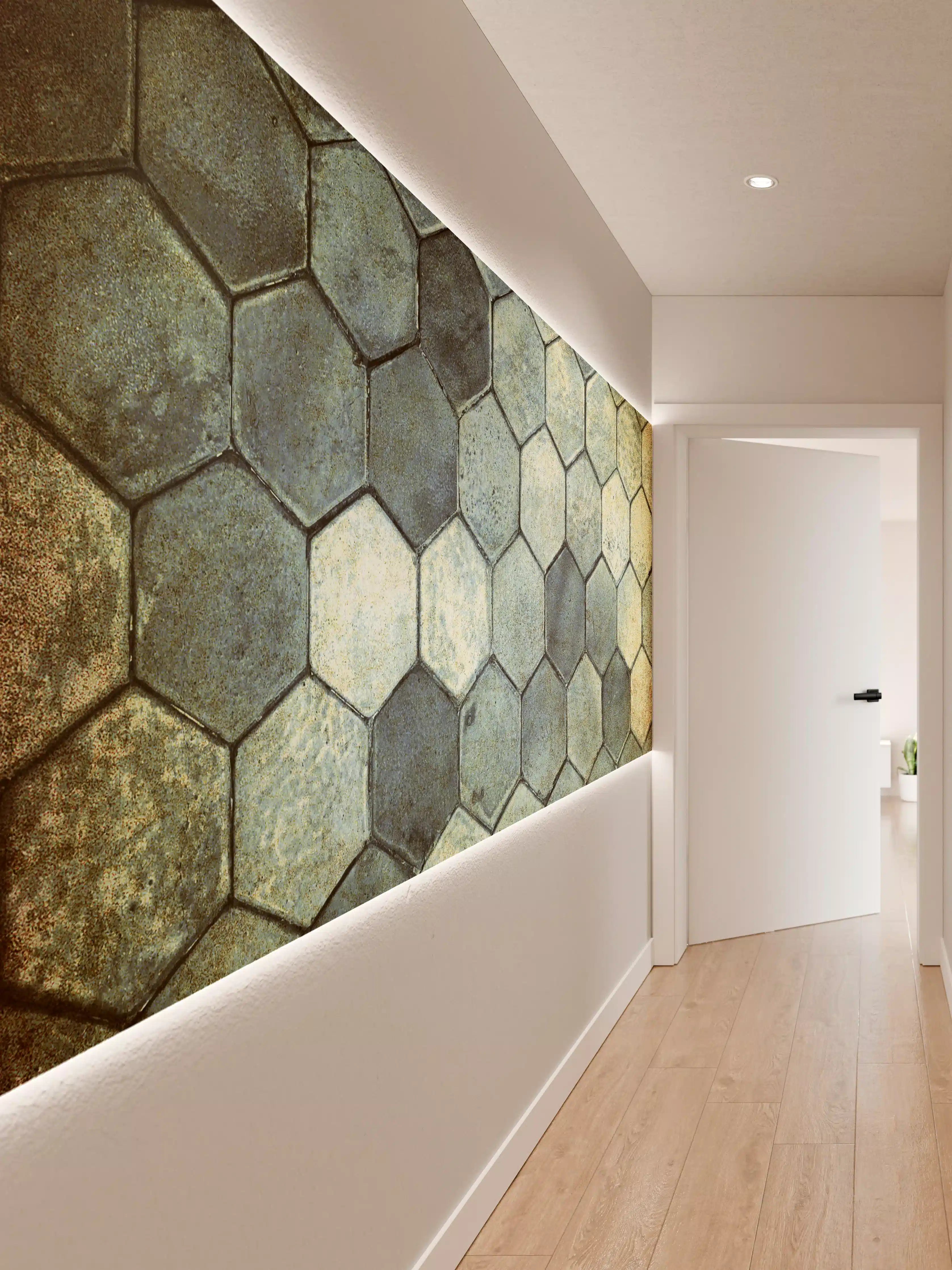 Wandverkleidung Flur - Hexagonfliesen in natürlichen Tönen