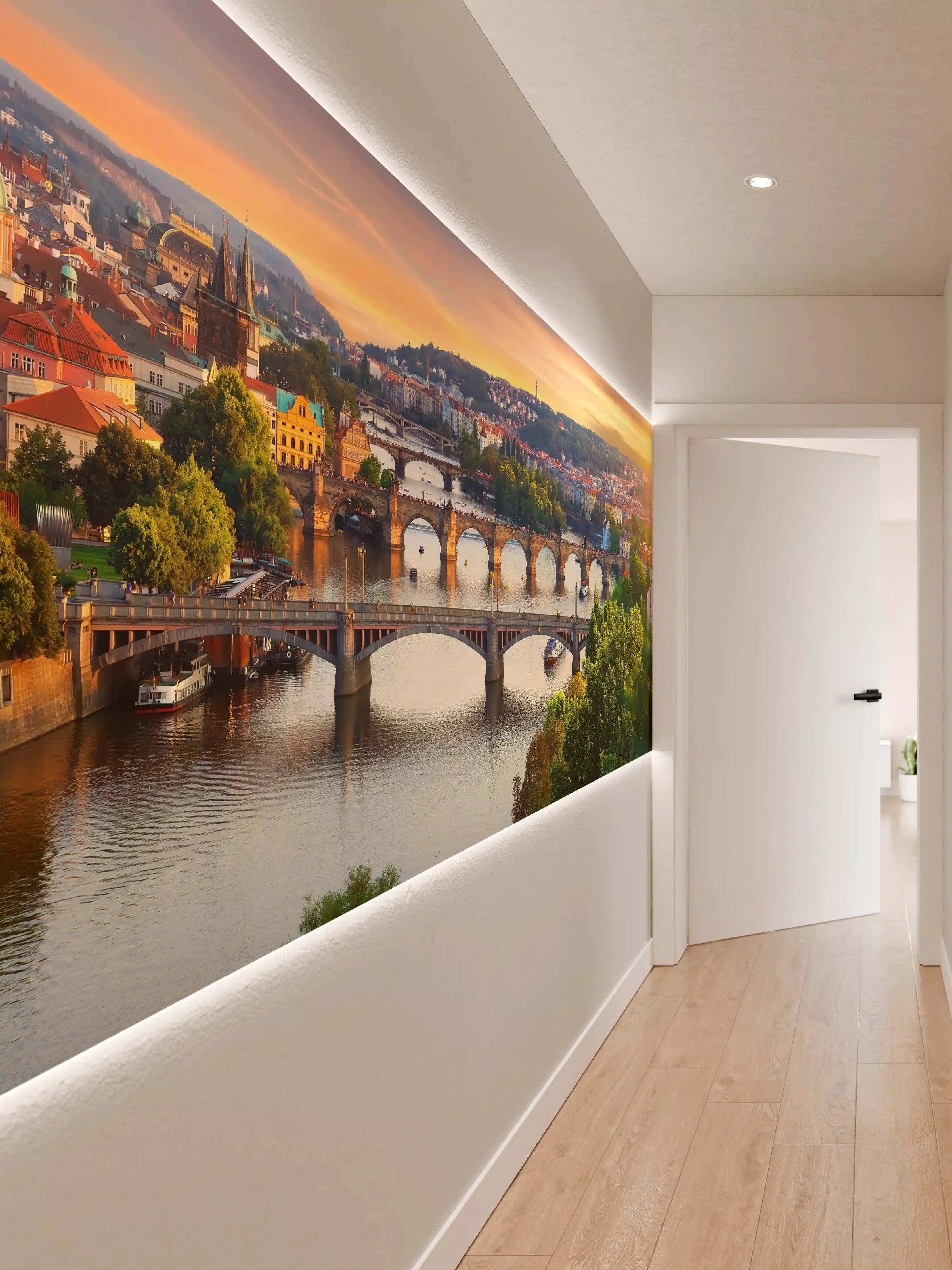 Wandverkleidung Flur - Historische Brücke in Prag bei Sonnenuntergang