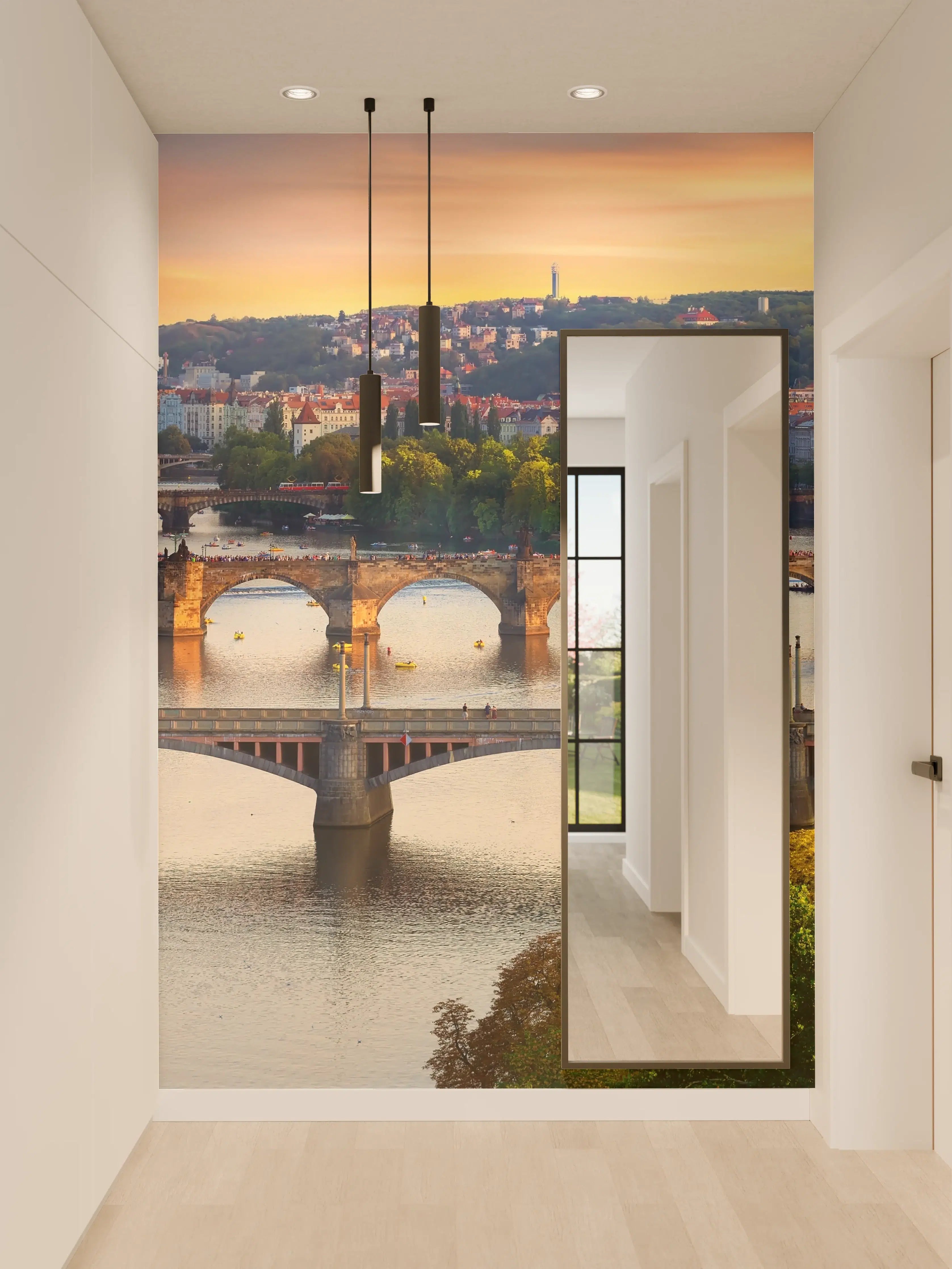 Wandverkleidung Flur - Historische Brücke in Prag bei Sonnenuntergang