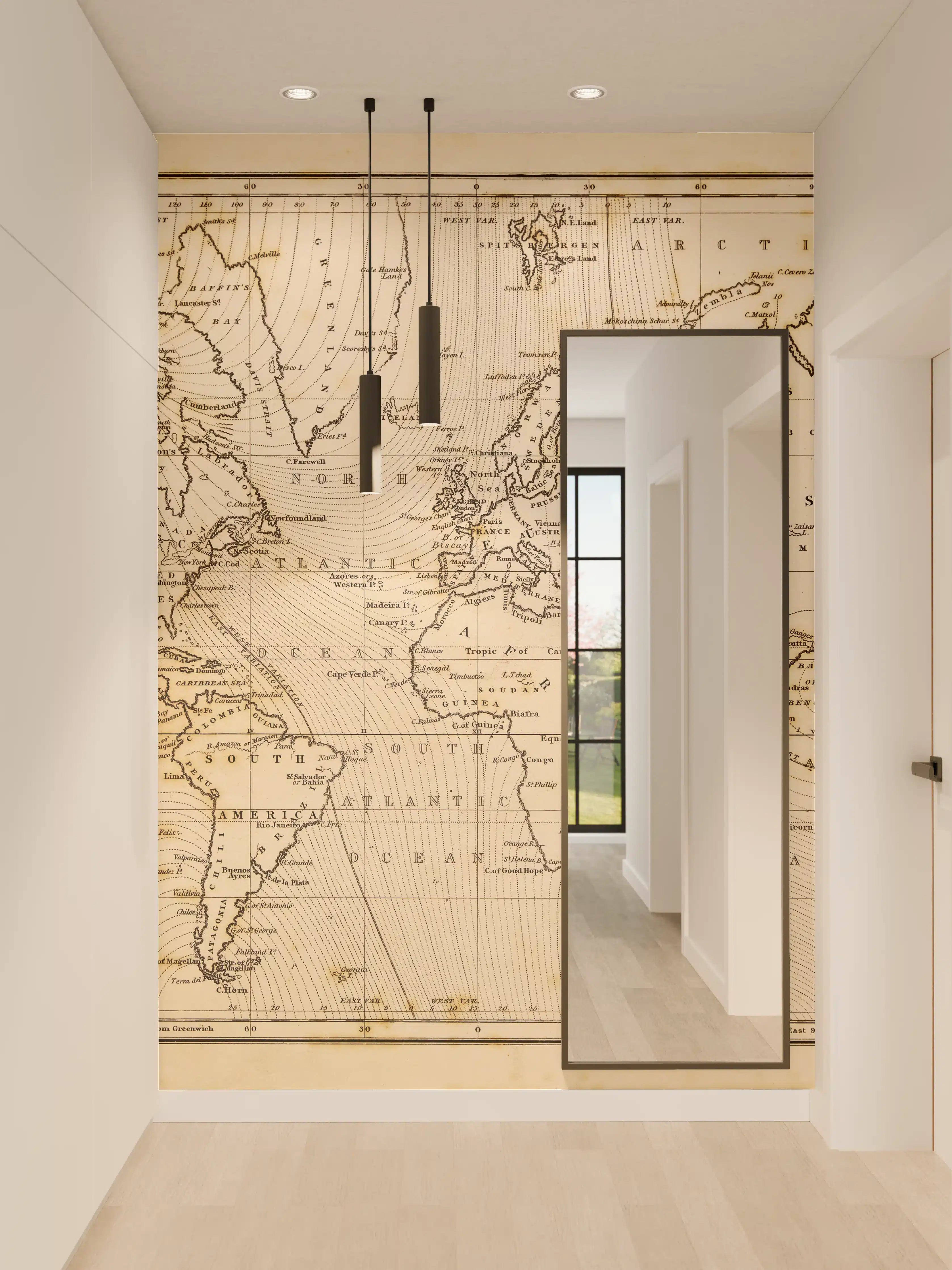 Wandverkleidung Flur - Historische Weltkarte im Vintage-Stil