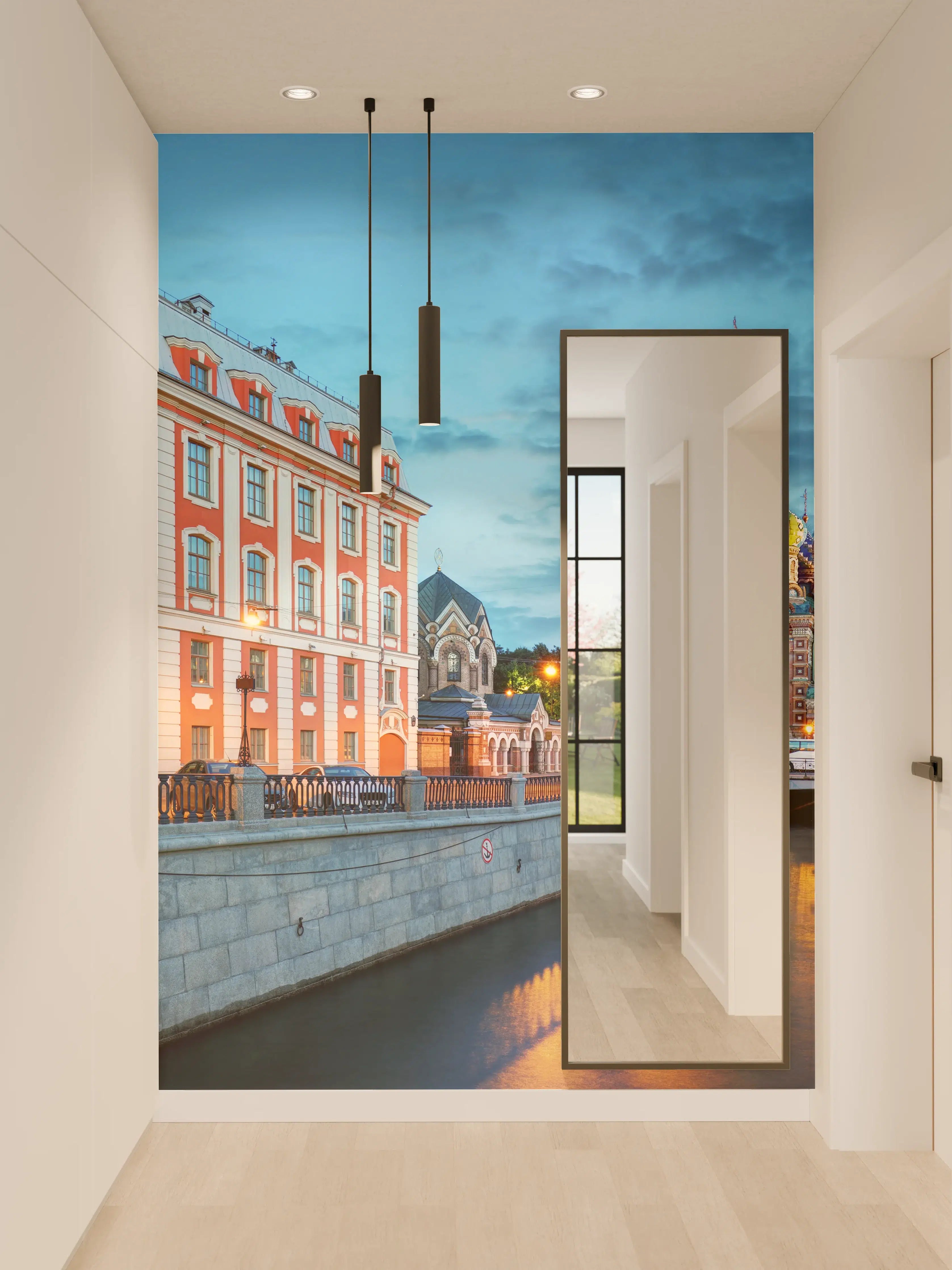 Wandverkleidung Flur - Historische und bunte Stadtansicht bei Dämmerung
