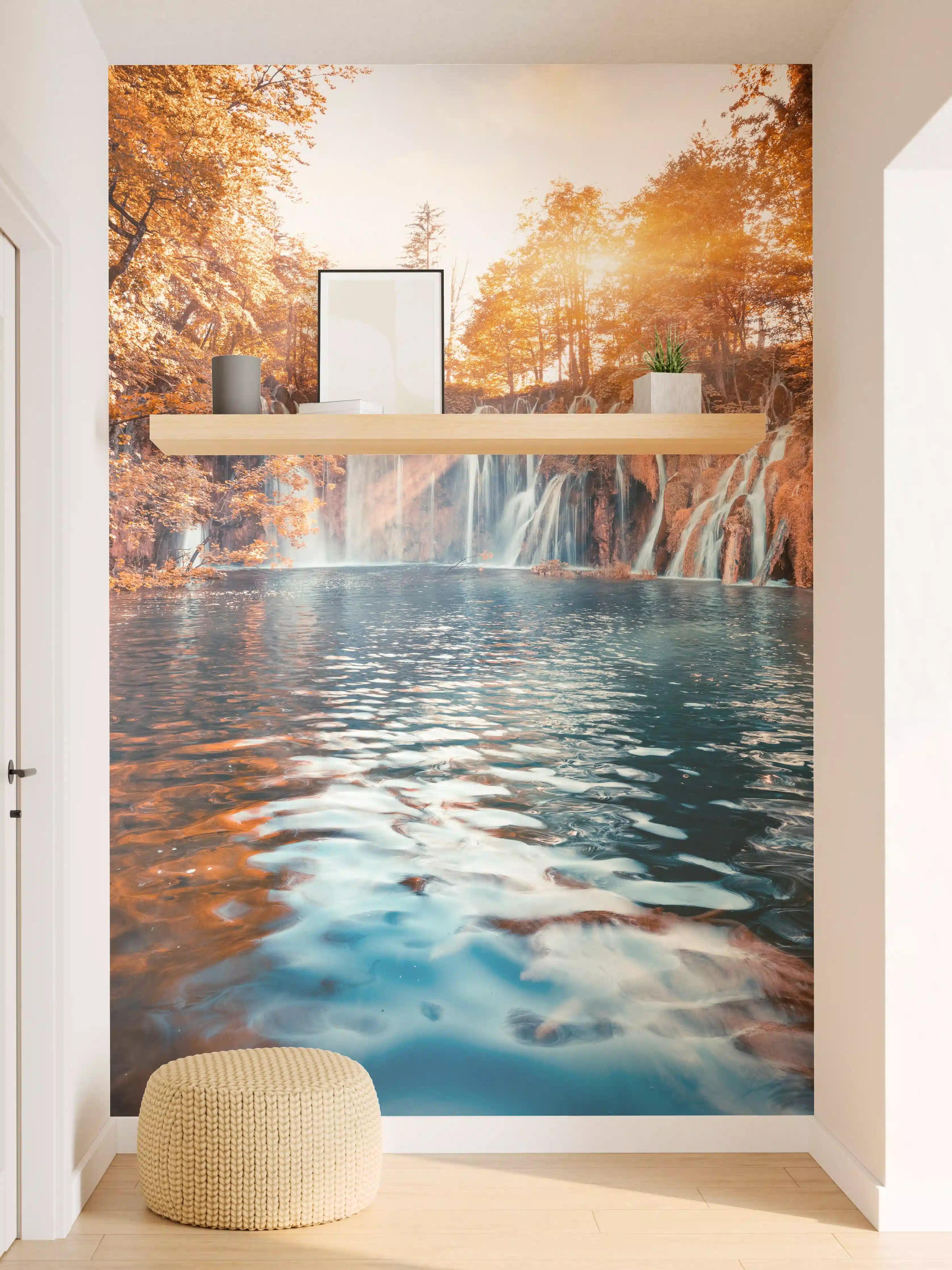 Wandverkleidung Flur - Hochwertiges Naturbild mit Wasserfall im Sonnenlicht
