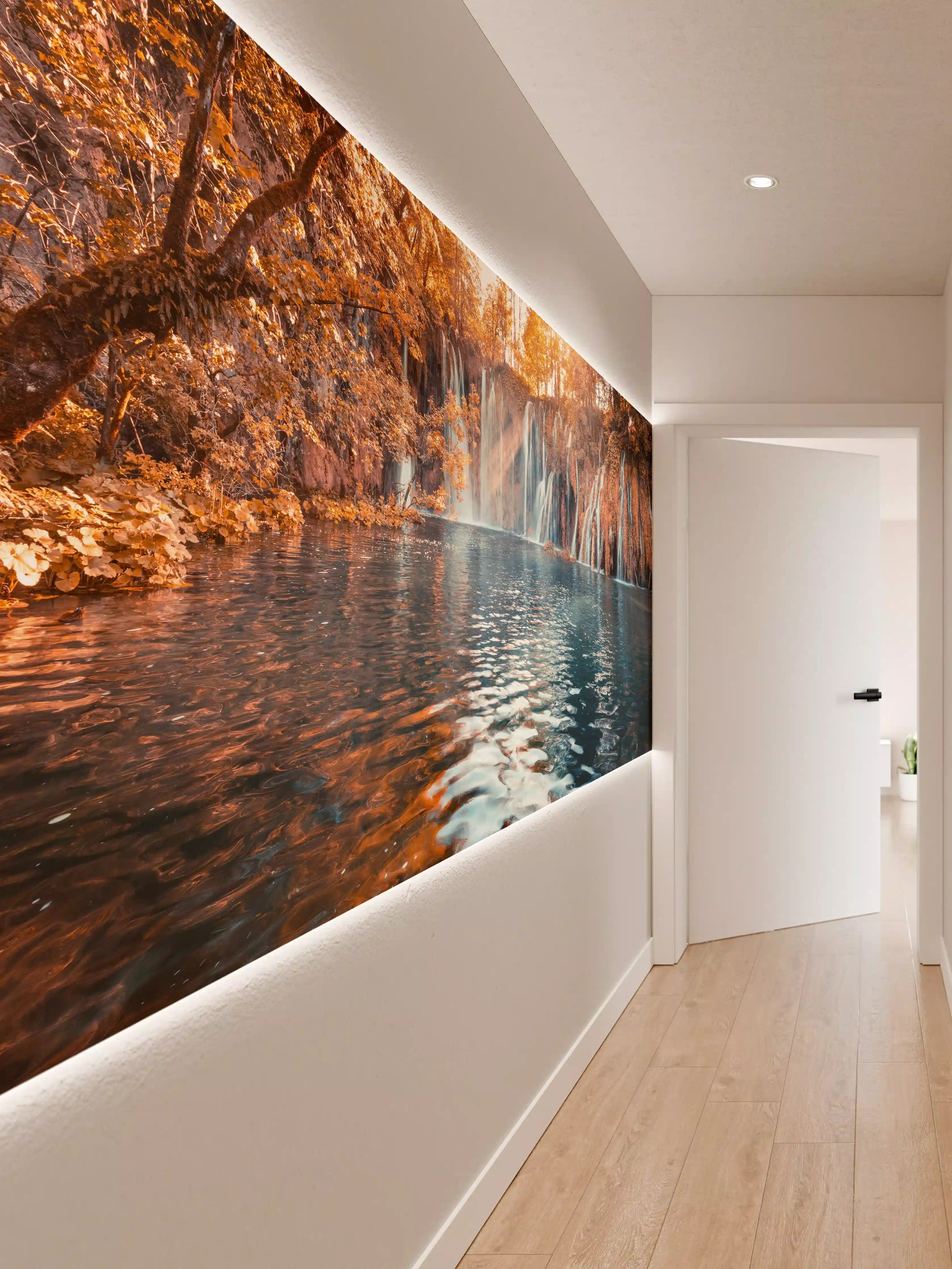 Wandverkleidung Flur - Hochwertiges Naturbild mit Wasserfall im Sonnenlicht
