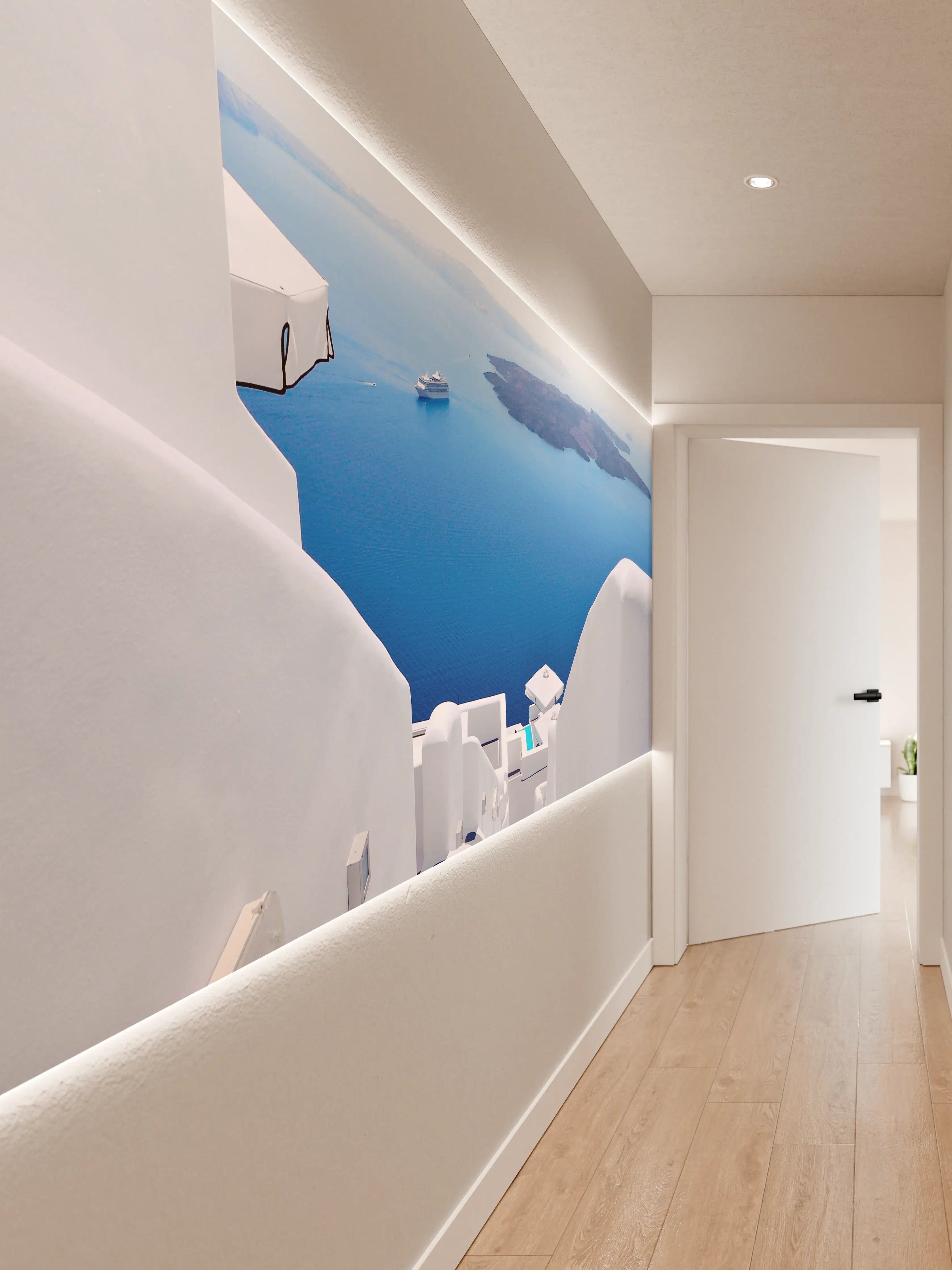 Wandverkleidung Flur - Idyllische Aussicht auf Santorini mit weißer Architektur
