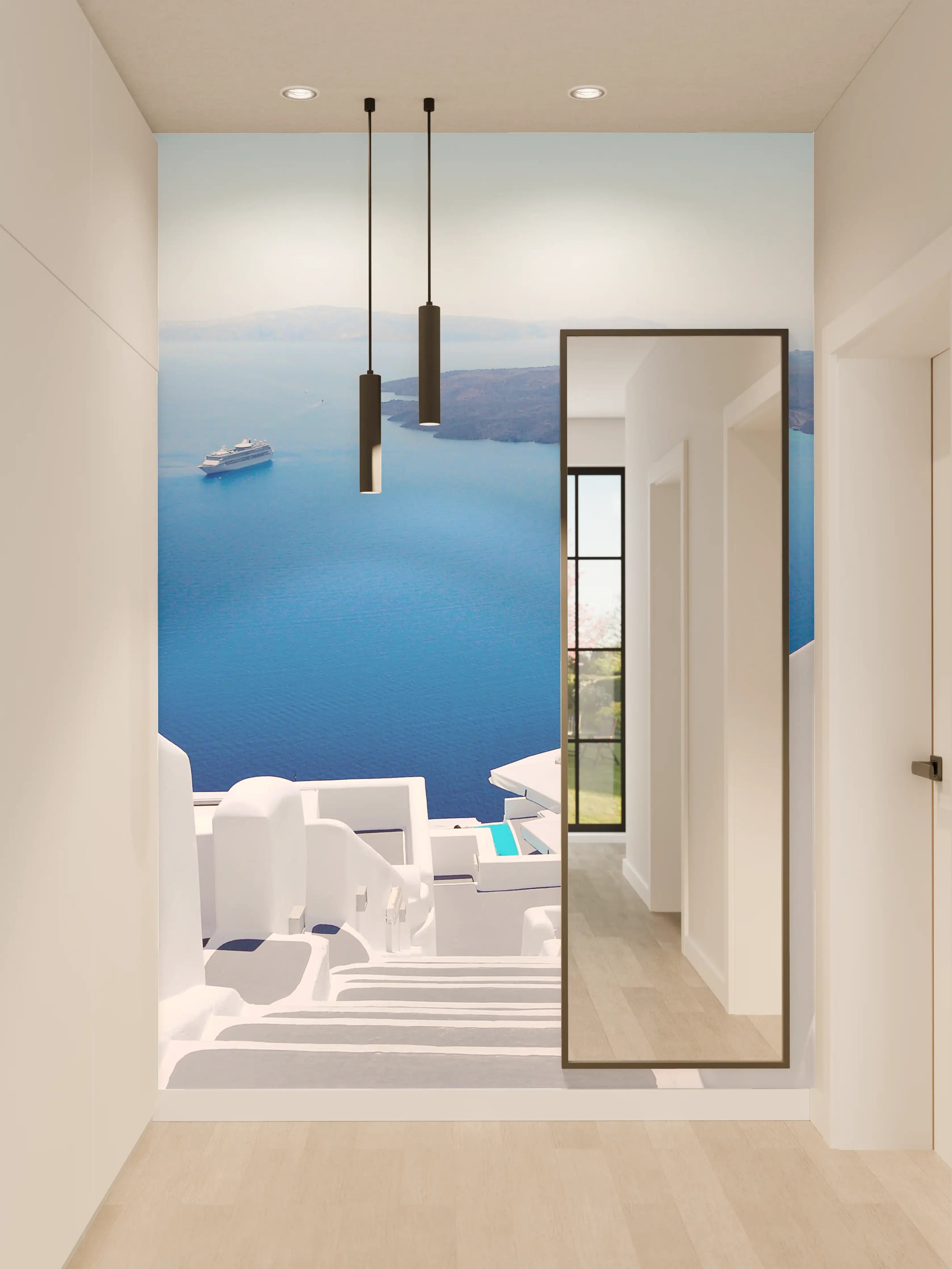 Wandverkleidung Flur - Idyllische Aussicht auf Santorini mit weißer Architektur