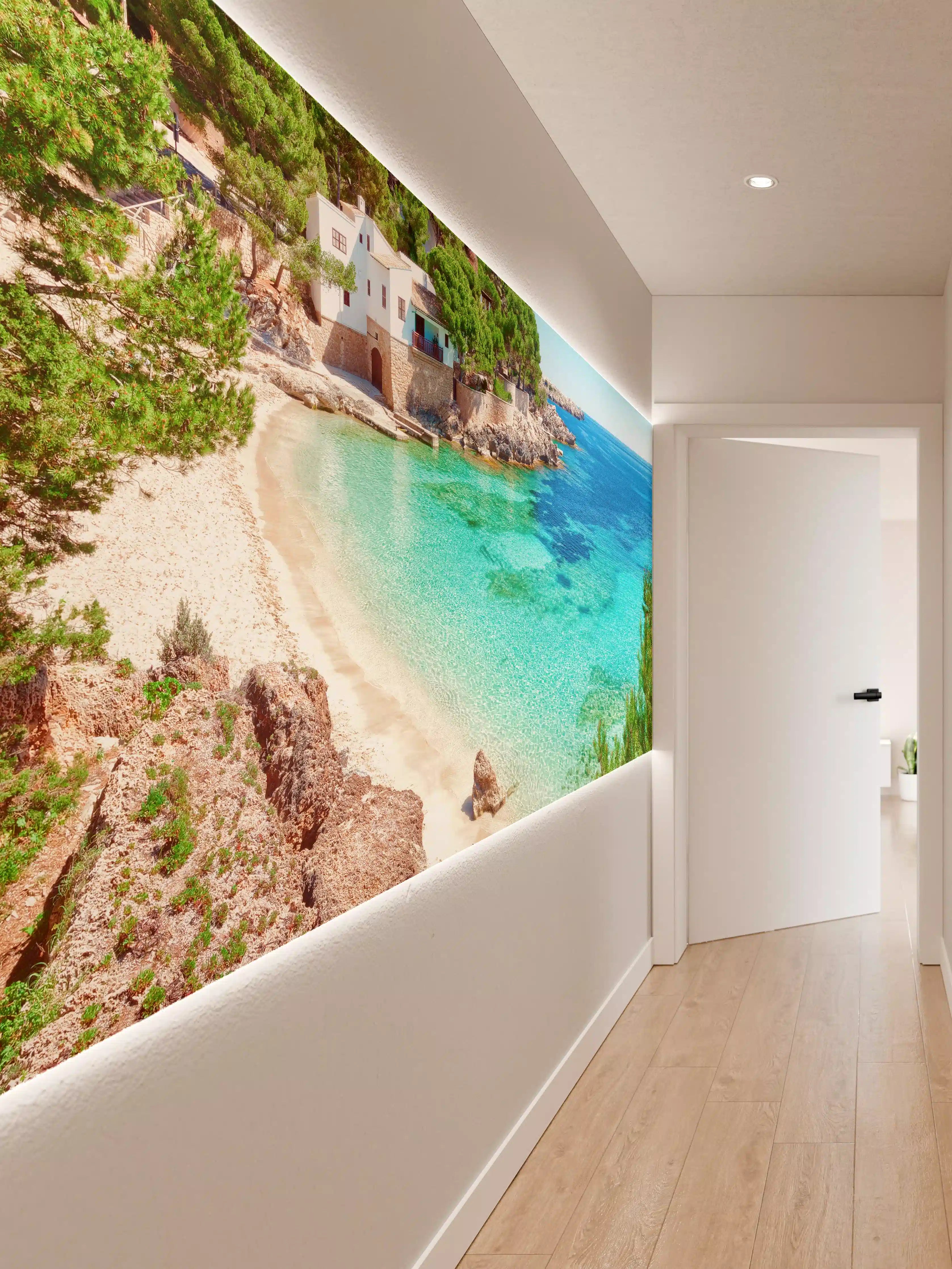 Wandverkleidung Flur - Idyllischer Strand mit Villa und Blick aufs Meer