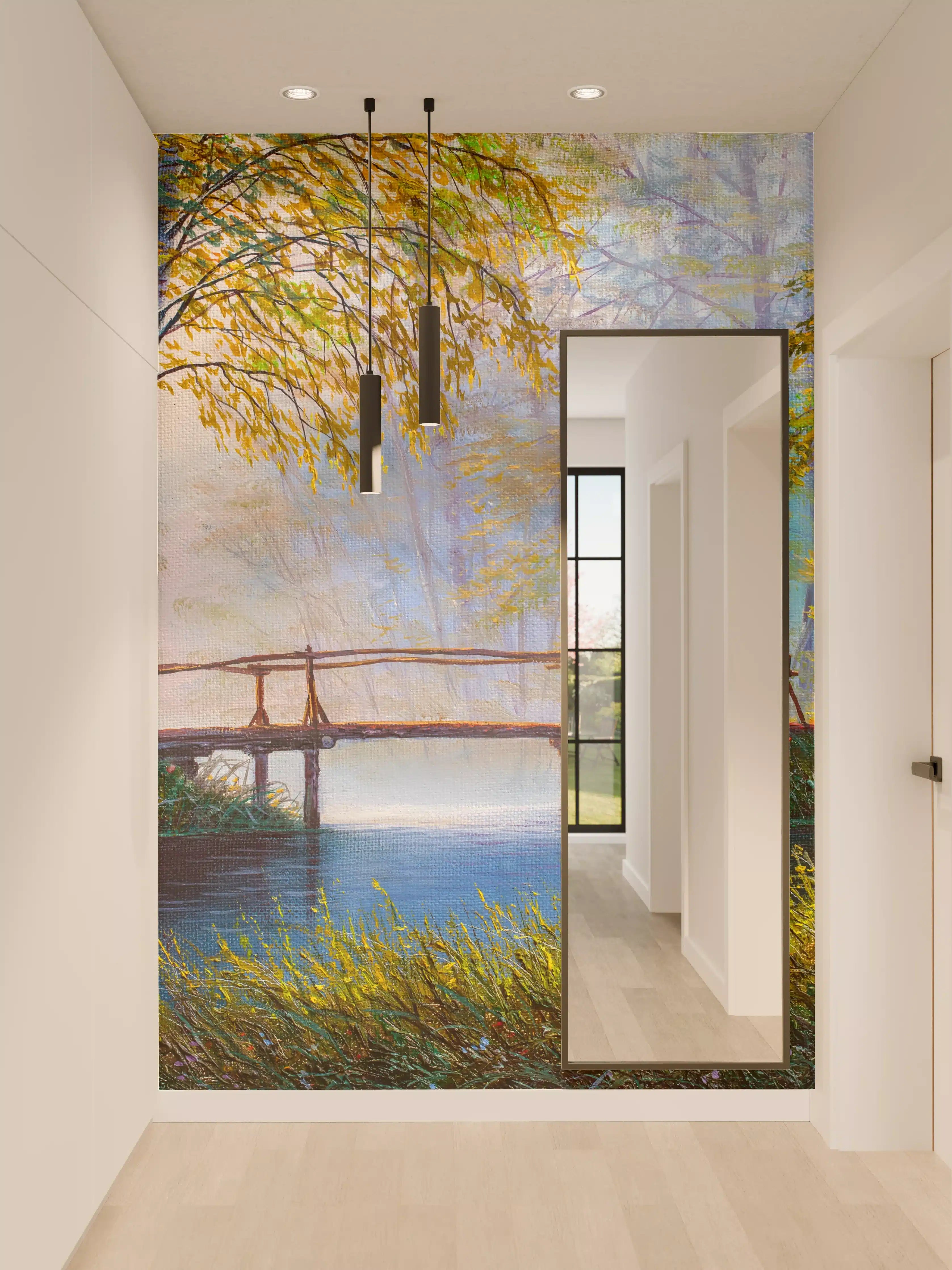 Wandverkleidung Flur - Idyllischer Waldsee mit Holzsteg im Herbst