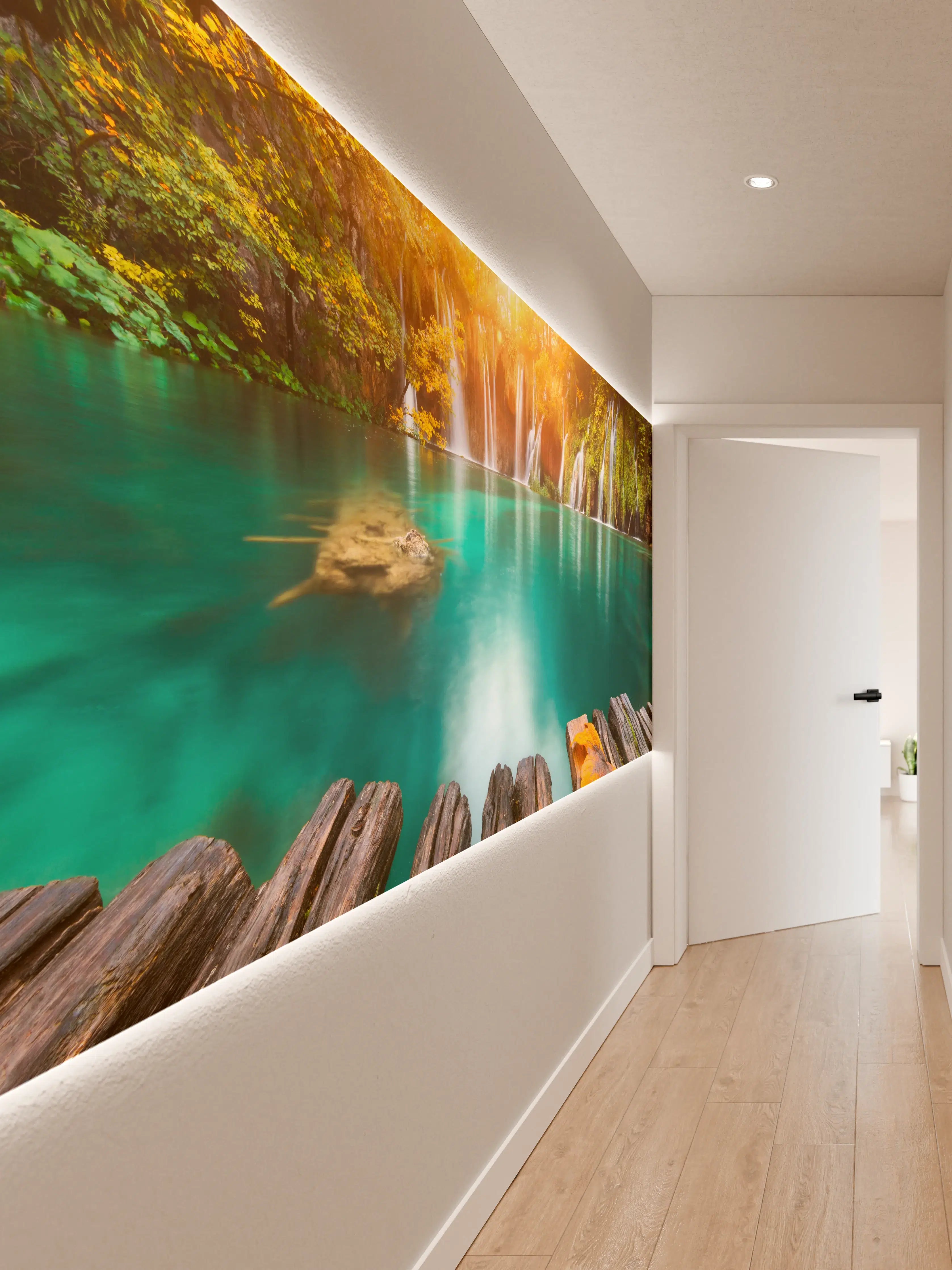 Wandverkleidung Flur - Idyllischer Wasserfall im goldenen Sonnenlicht