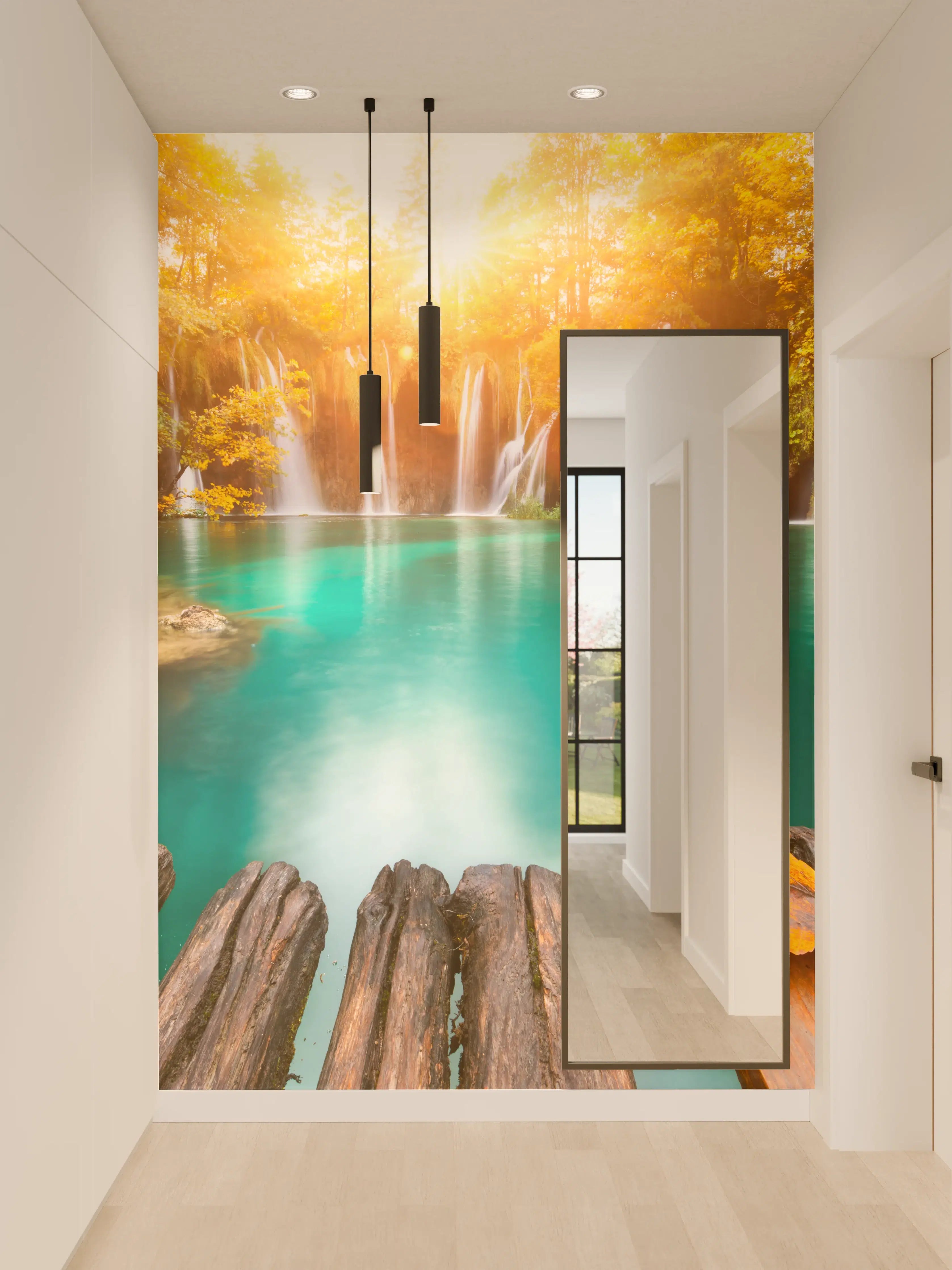 Wandverkleidung Flur - Idyllischer Wasserfall im goldenen Sonnenlicht