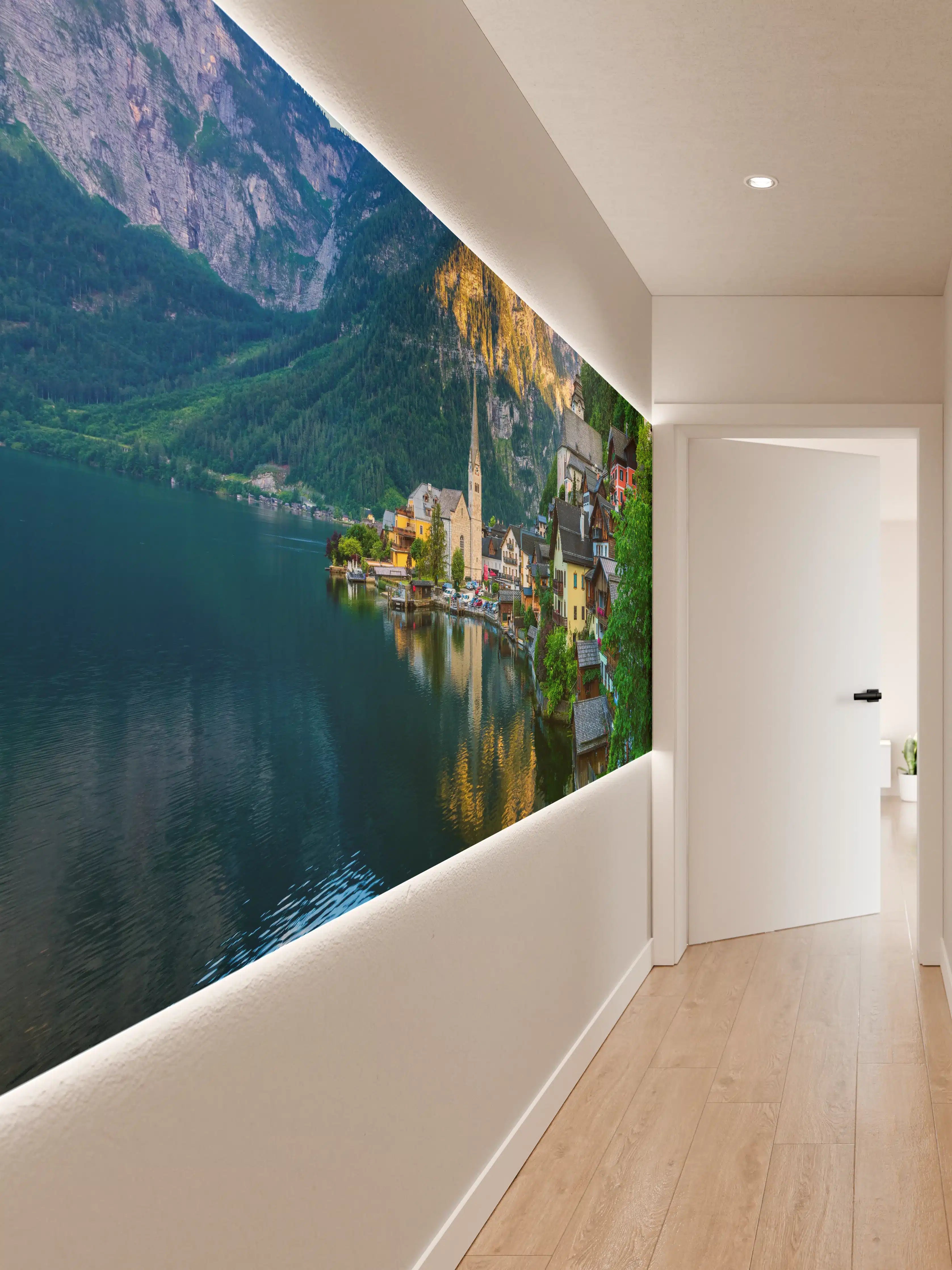 Wandverkleidung Flur - Idyllisches Dorf am See mit Bergpanorama
