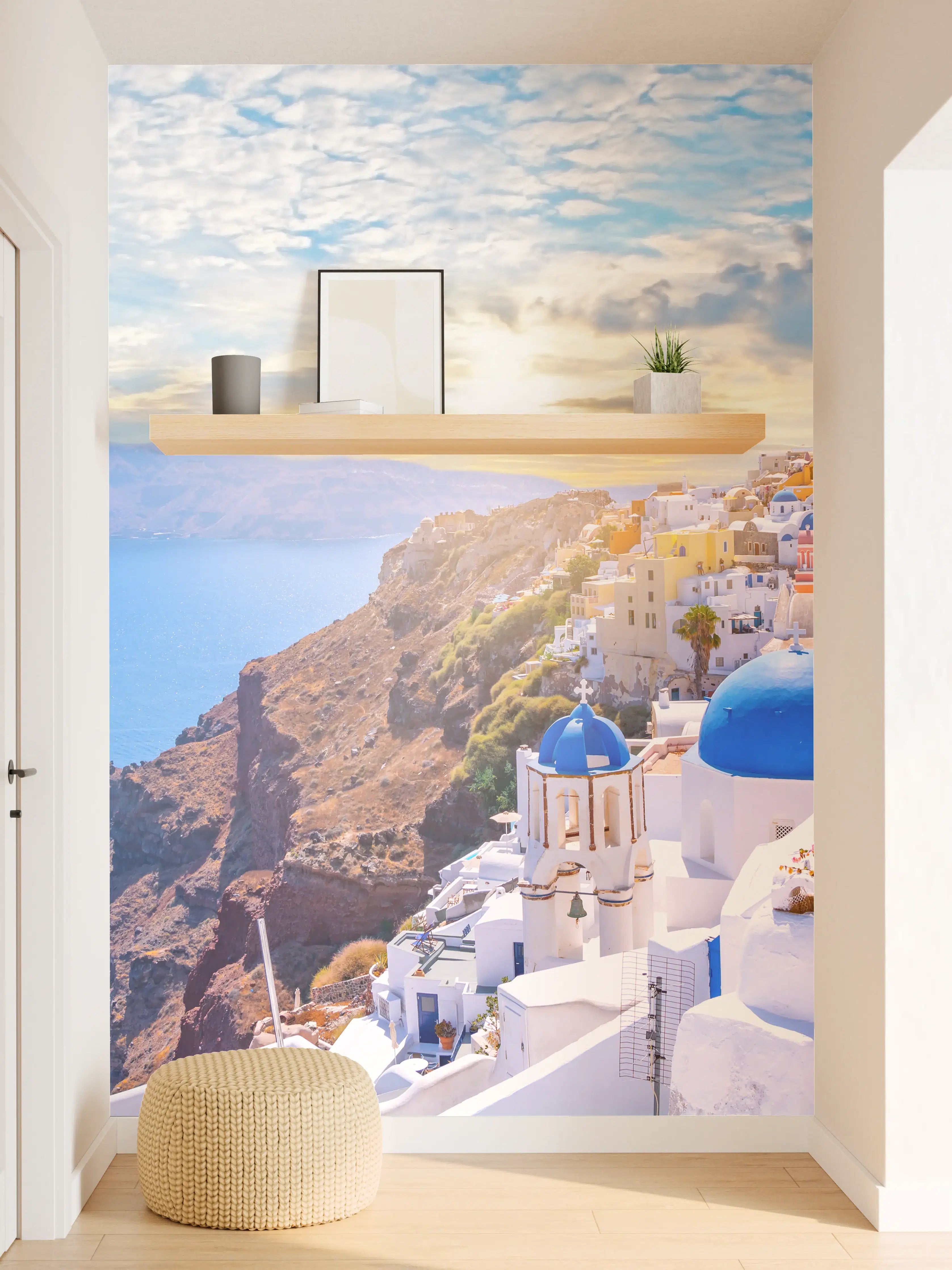 Wandverkleidung Flur - Idyllisches Santorini mit blauen Kuppeln