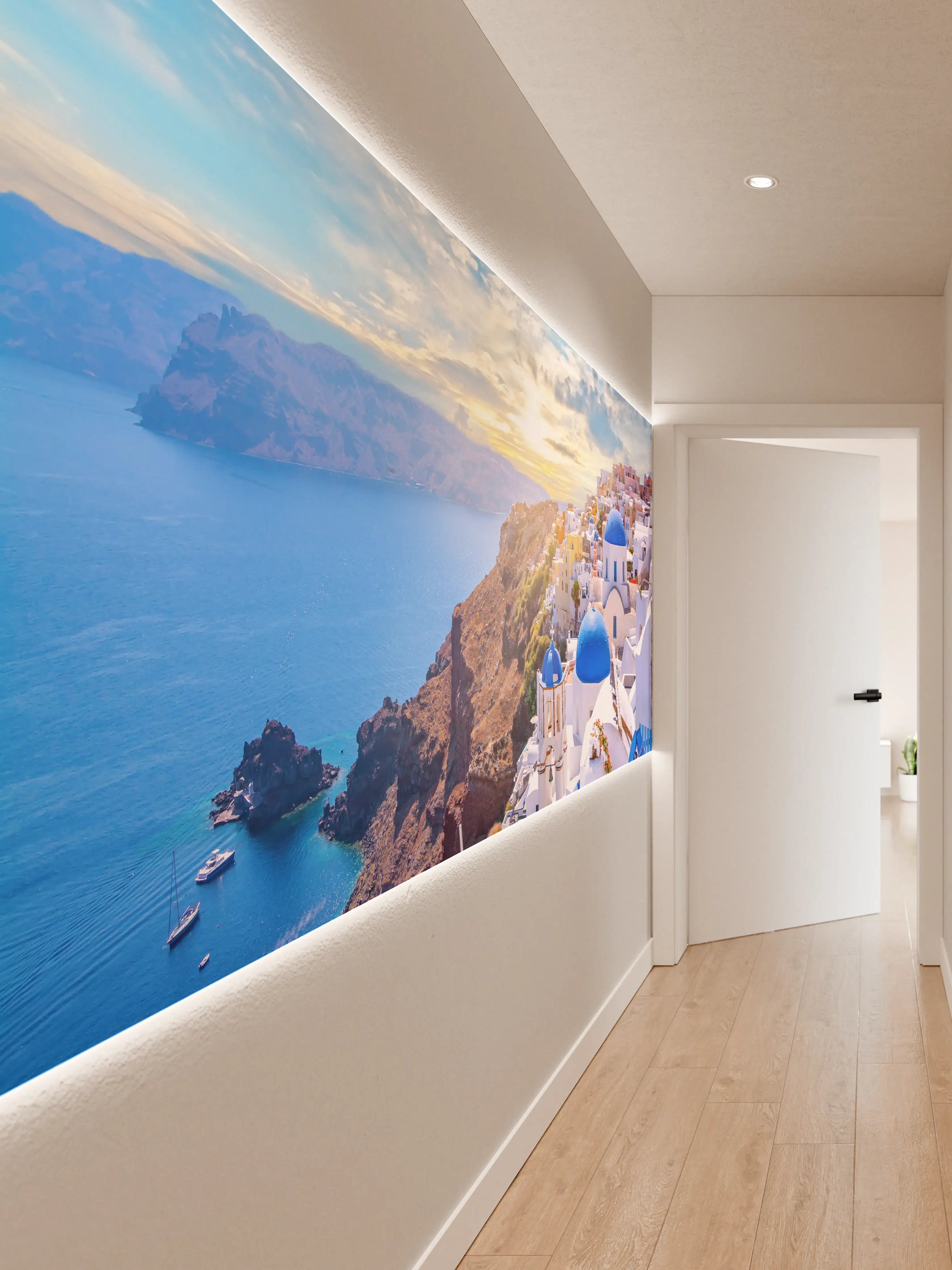 Wandverkleidung Flur - Idyllisches Santorini mit blauen Kuppeln