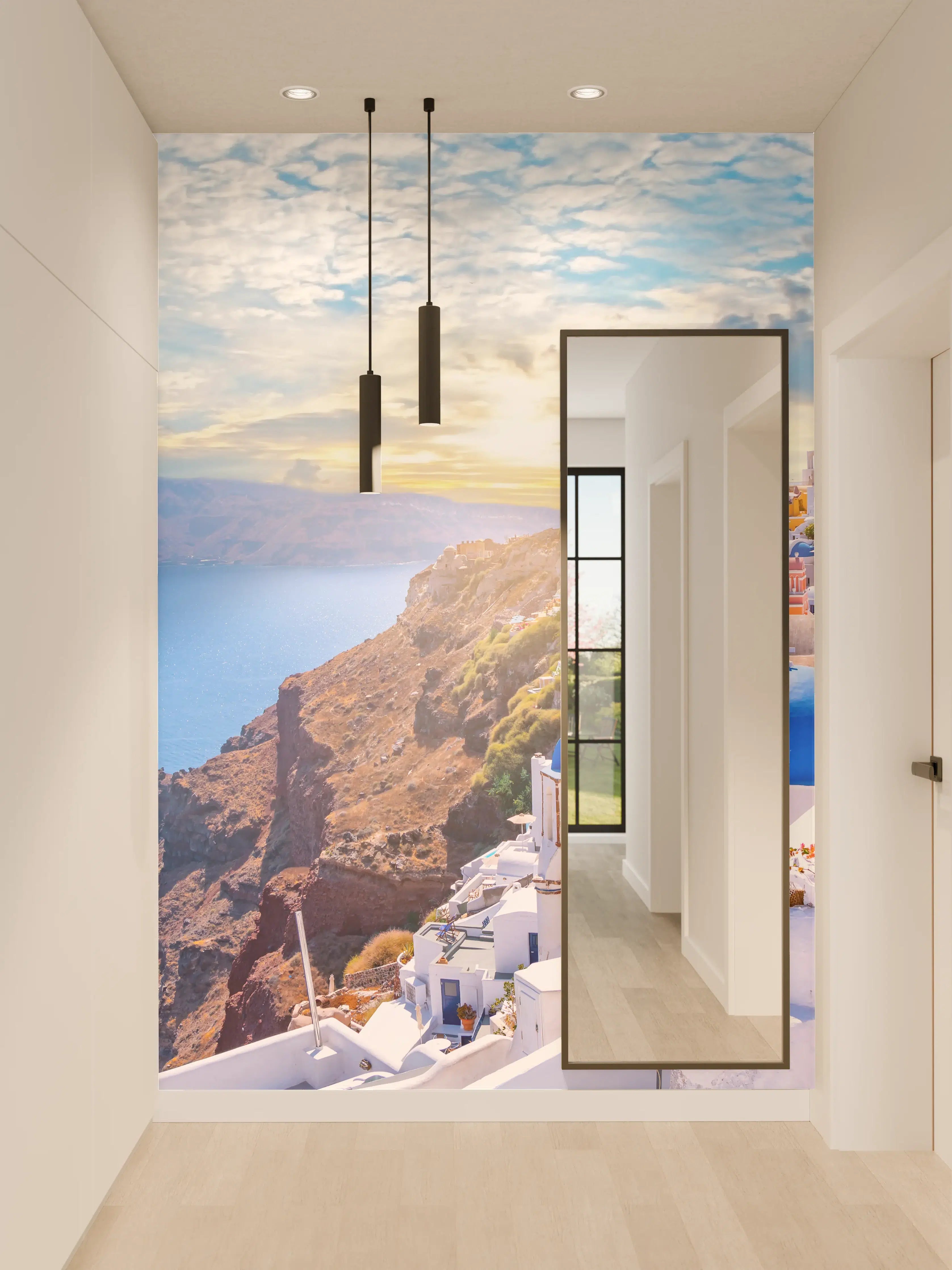 Wandverkleidung Flur - Idyllisches Santorini mit blauen Kuppeln