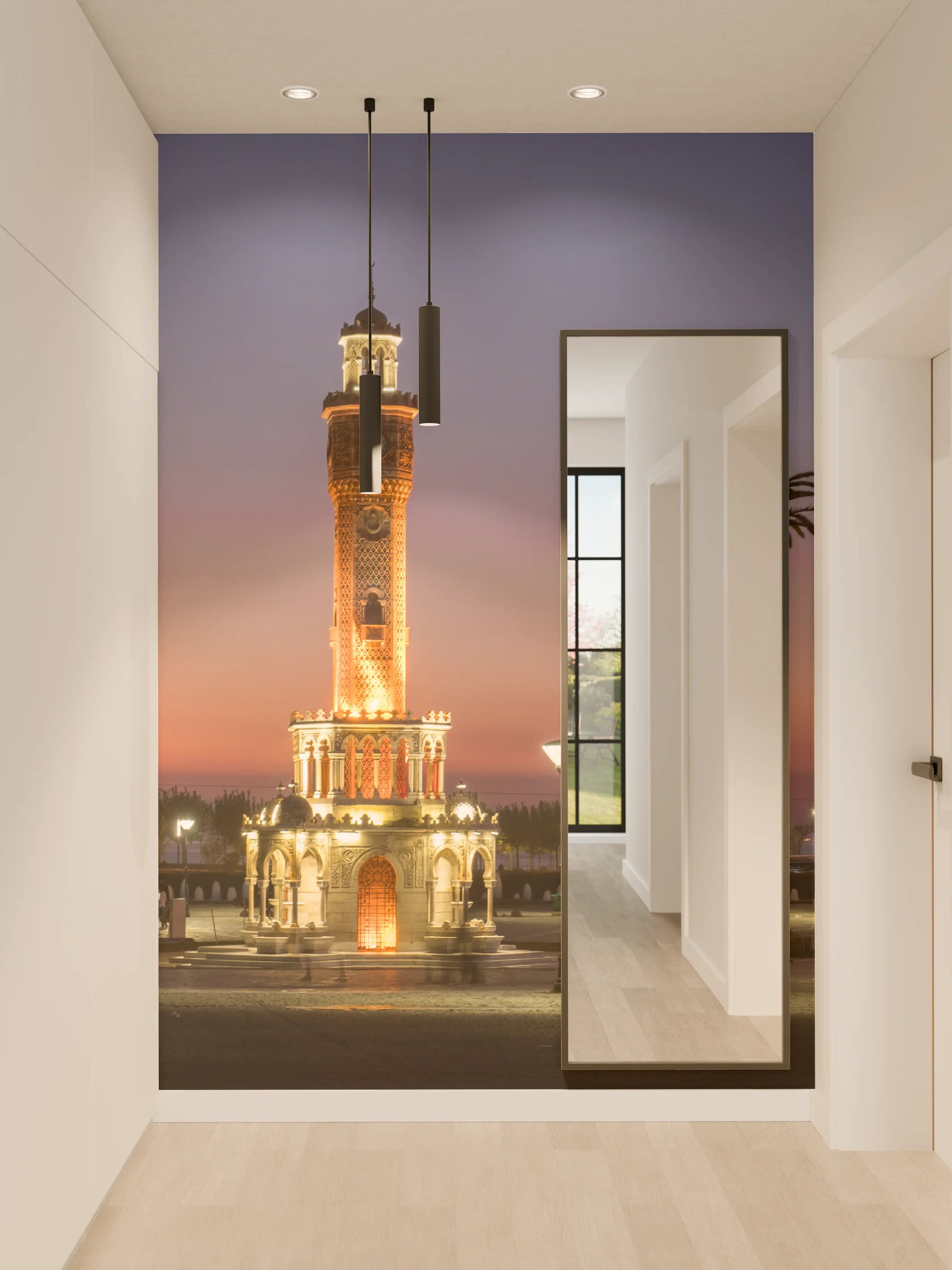 Wandverkleidung Flur - Ikonischer Uhrturm bei Sonnenuntergang