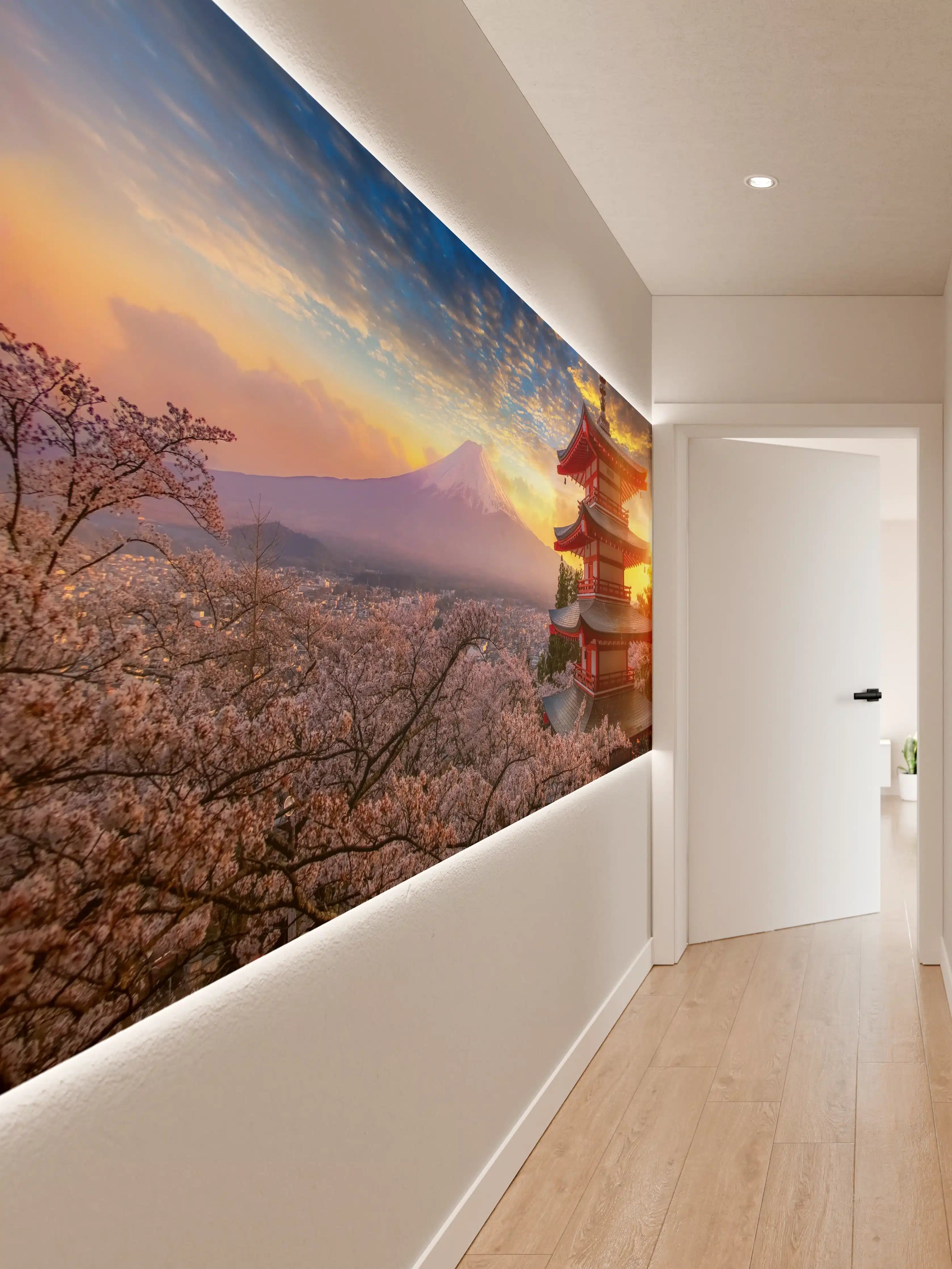 Wandverkleidung Flur - Japanische Tempel bei Sonnenuntergang mit Mount Fuji