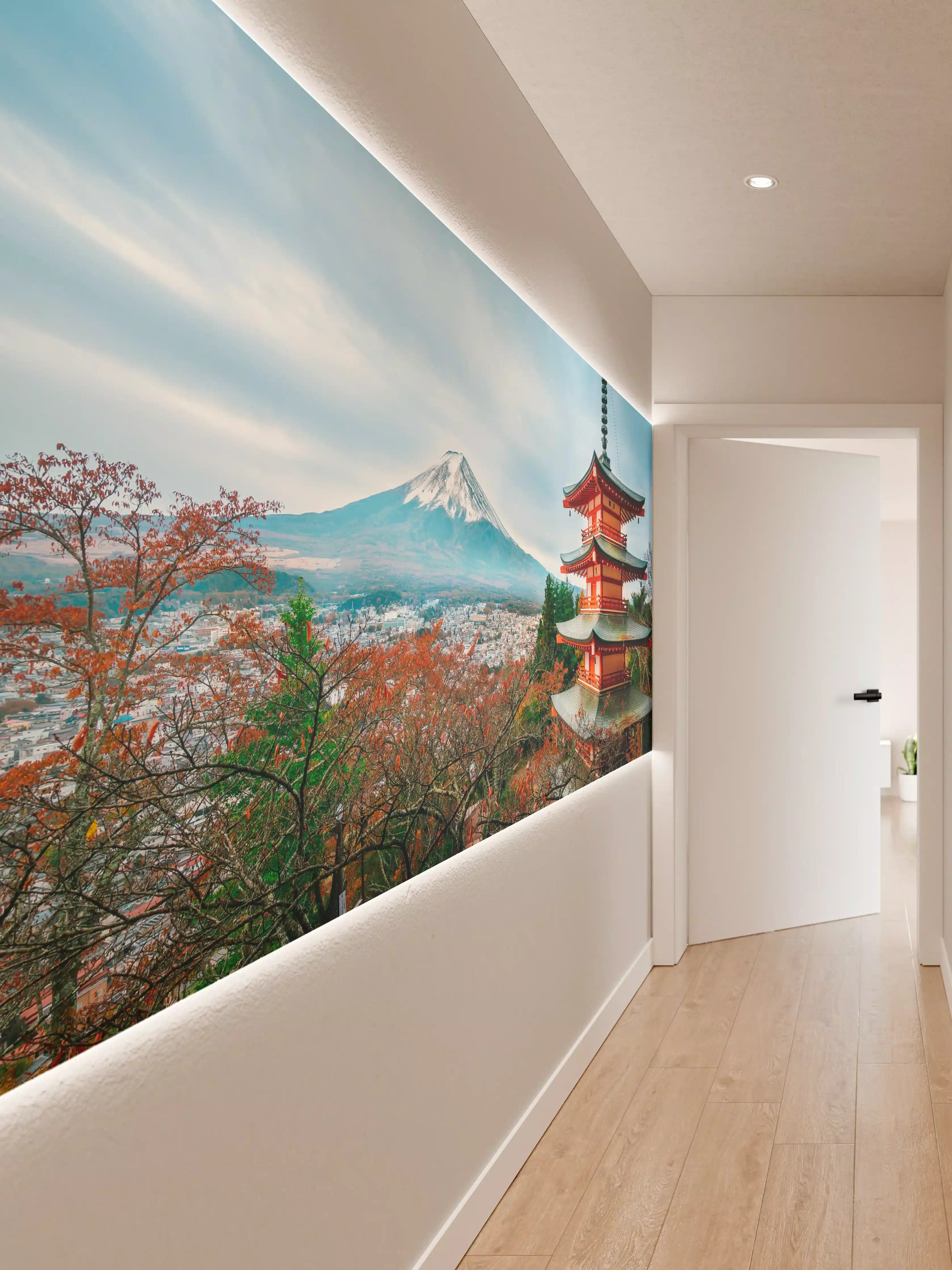 Wandverkleidung Flur - Japanische Tempel und Mount Fuji im Herbst