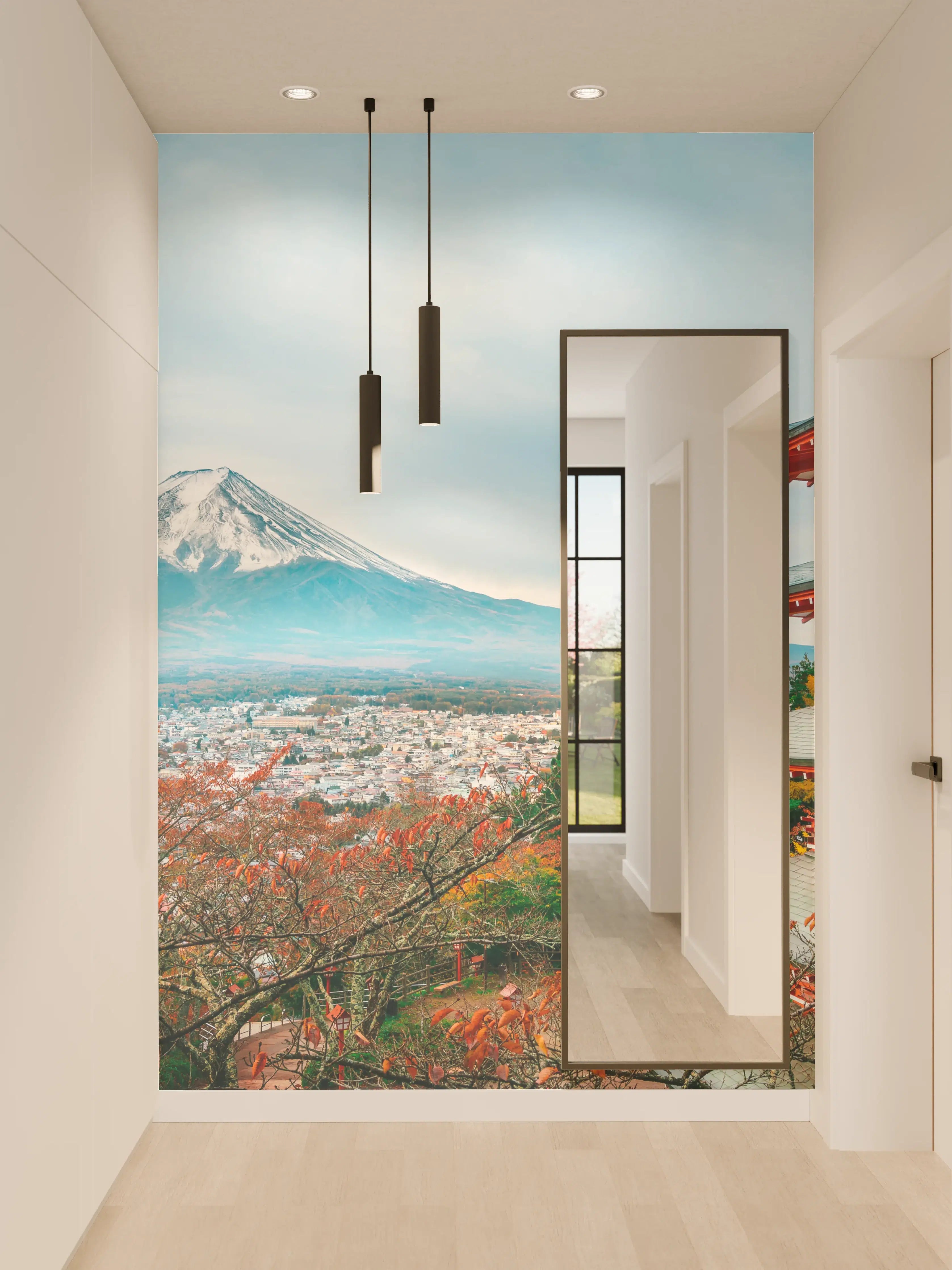Wandverkleidung Flur - Japanische Tempel und Mount Fuji im Herbst