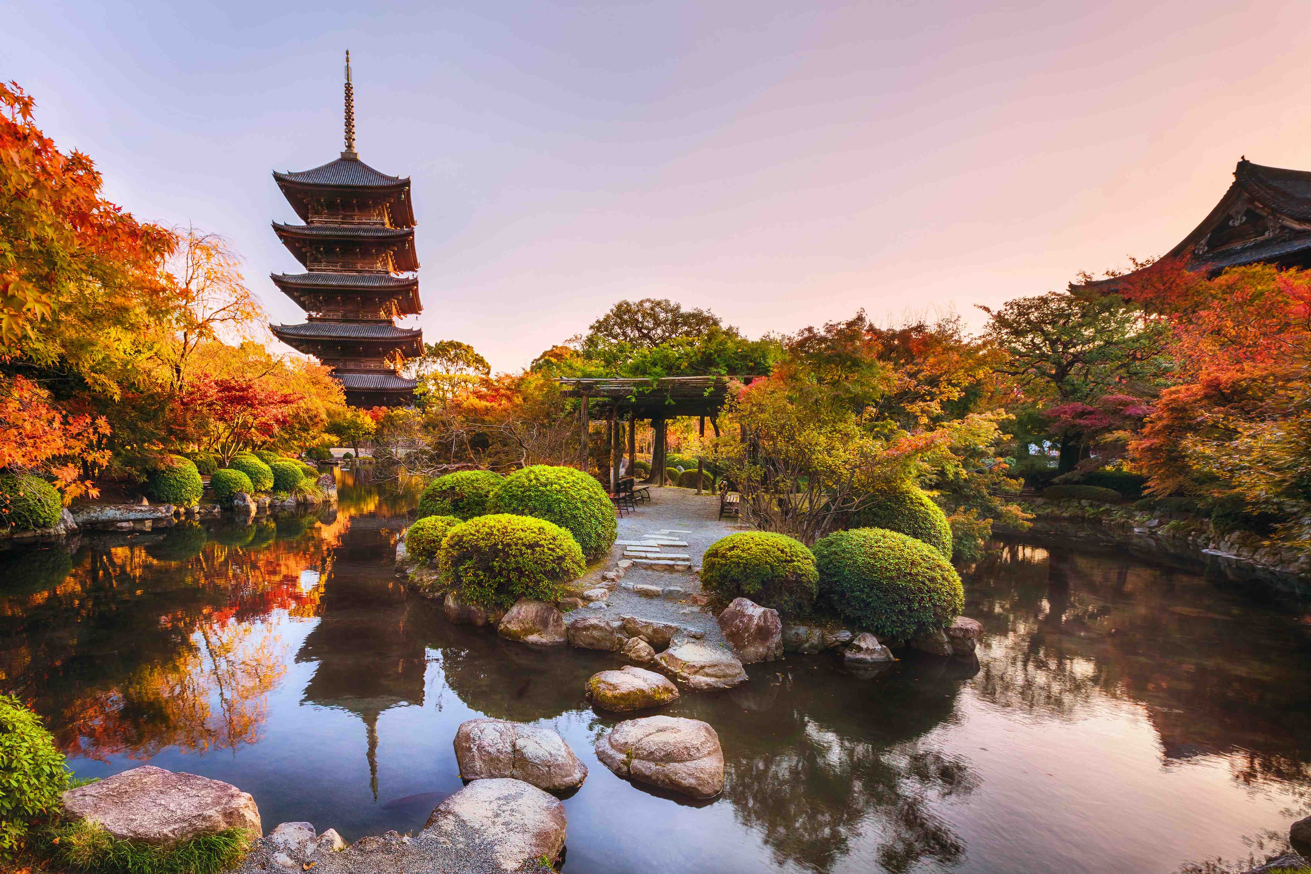 Wandverkleidung Flur-Japanischer Garten bei Sonnenuntergang