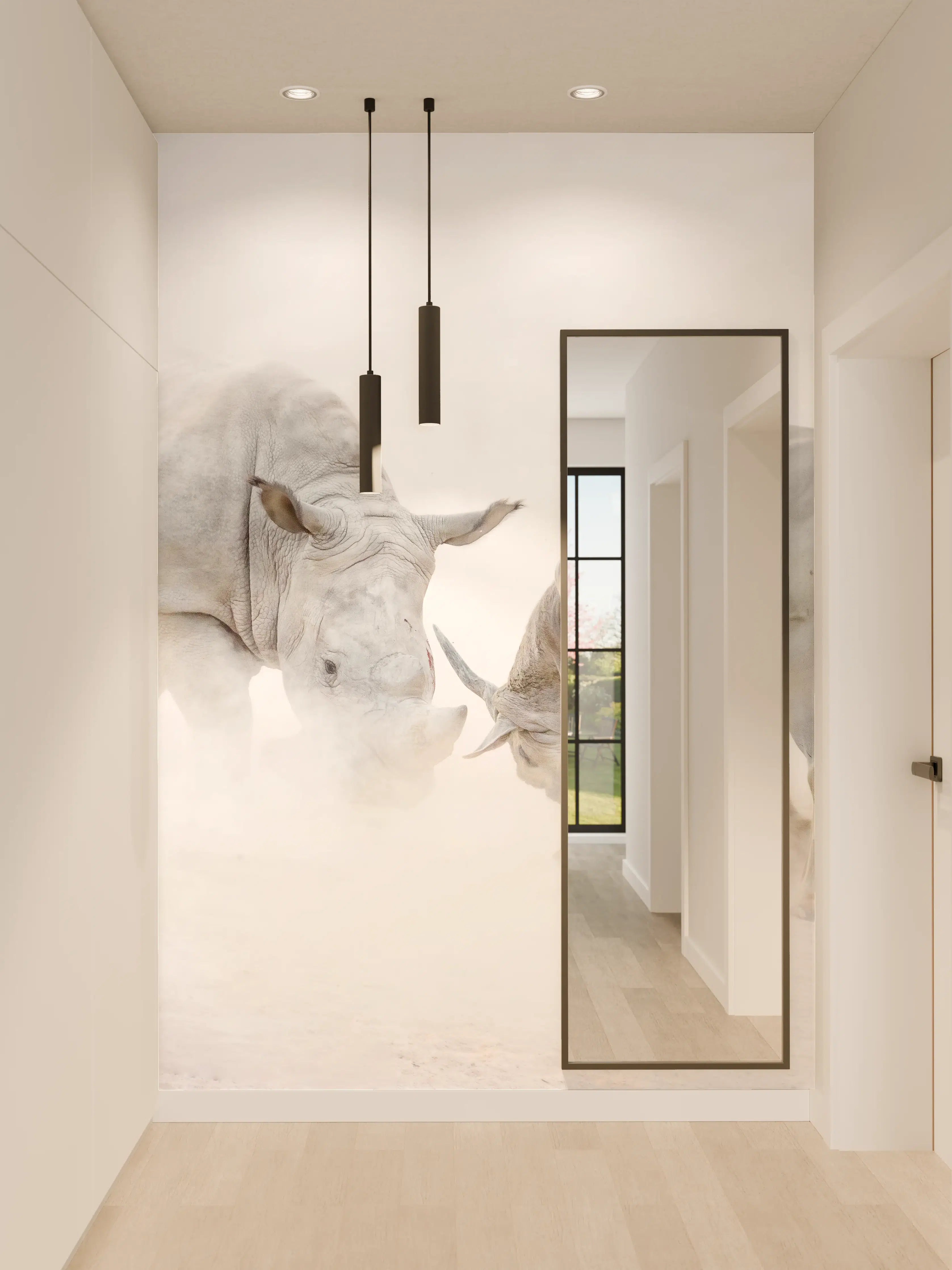 Wandverkleidung Flur - Kampf zwischen Nashorn und Oryx