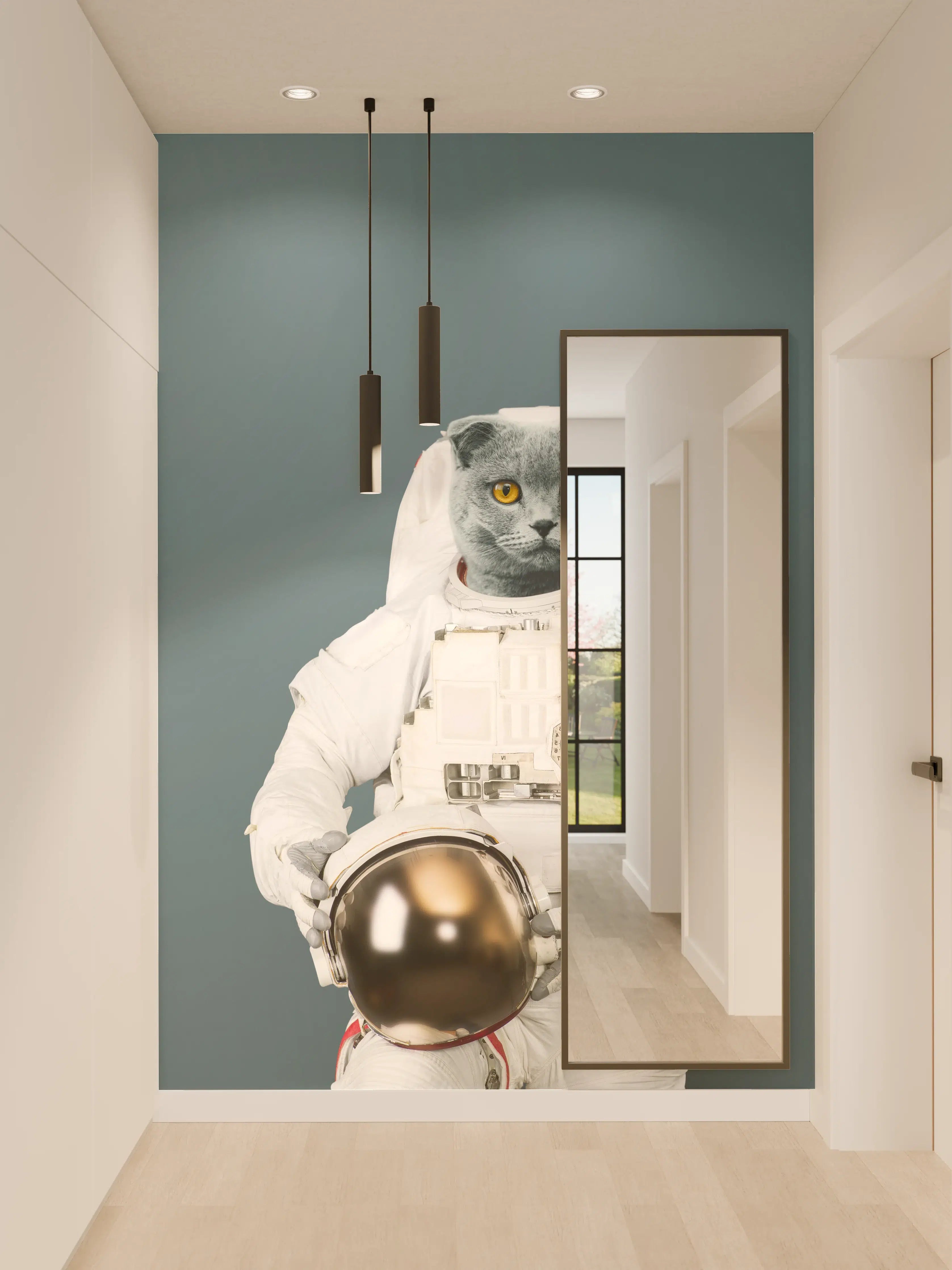 Wandverkleidung Flur - Katzen-Astronaut Grau-Helm