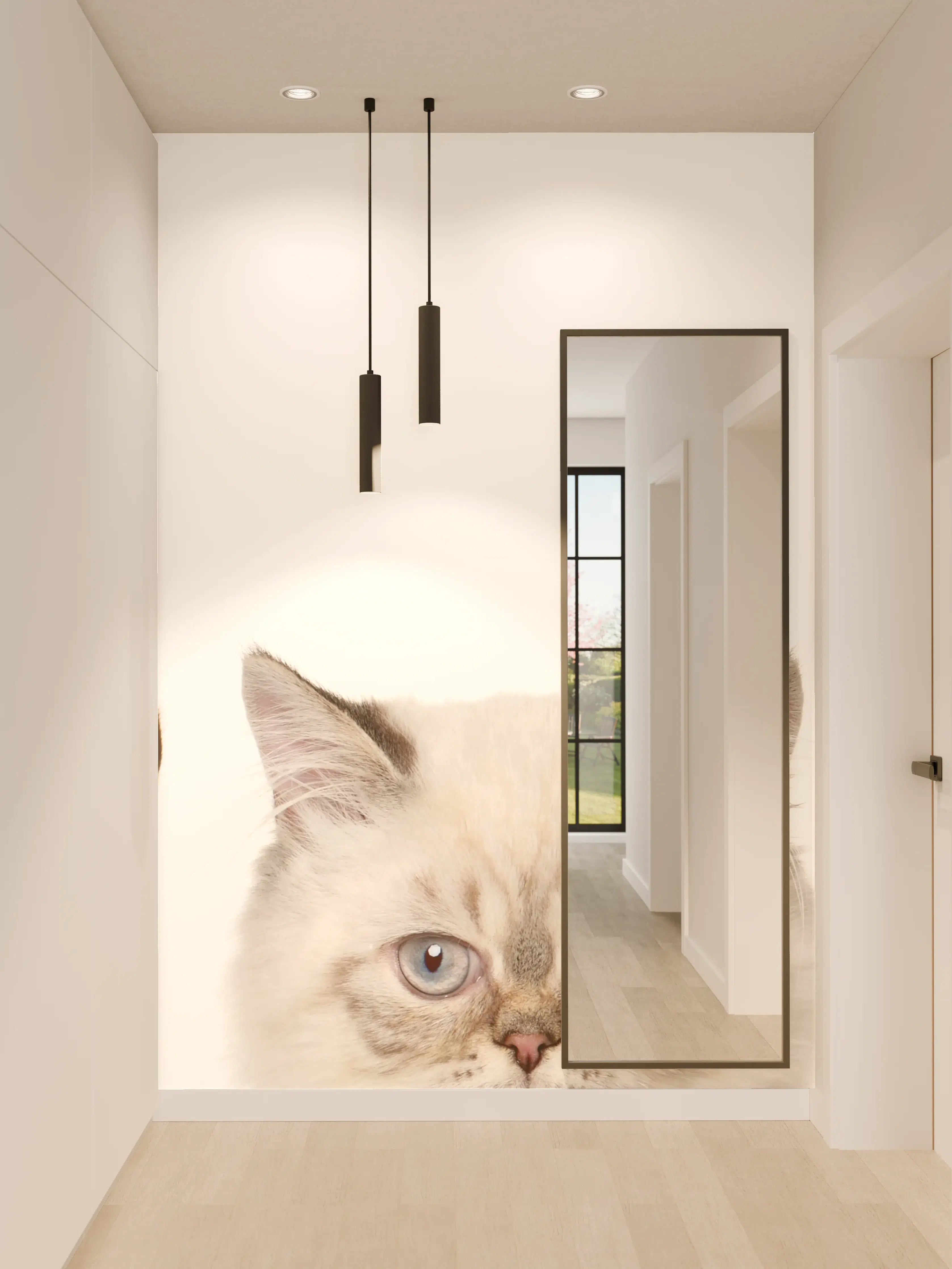 Wandverkleidung Flur - Katzen-Kopf-Reihe in Weiß-Grau