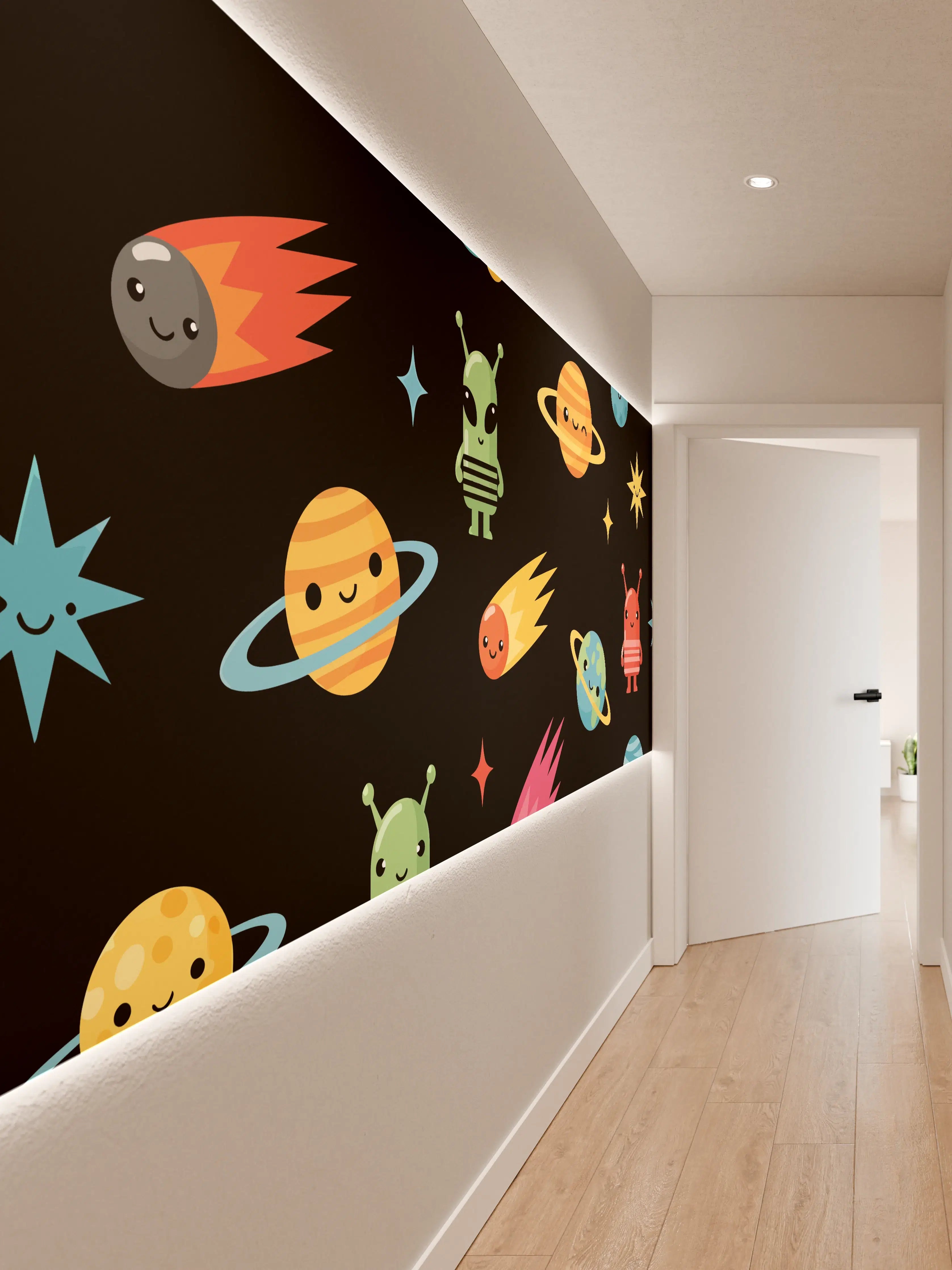 Wandverkleidung Flur - Kinderhafte Weltraum-Illustration mit Planeten und Asteroiden