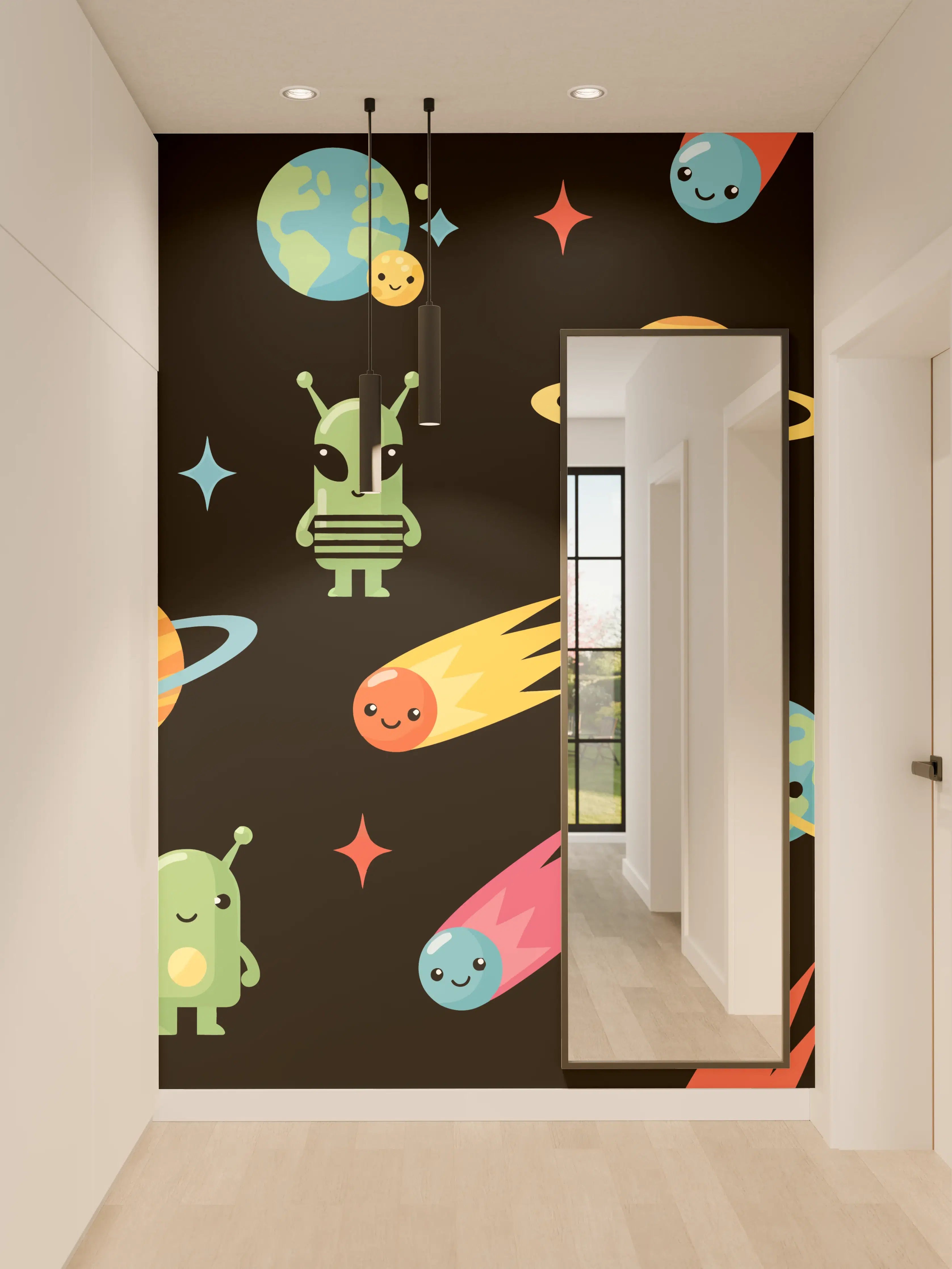 Wandverkleidung Flur - Kinderhafte Weltraum-Illustration mit Planeten und Asteroiden