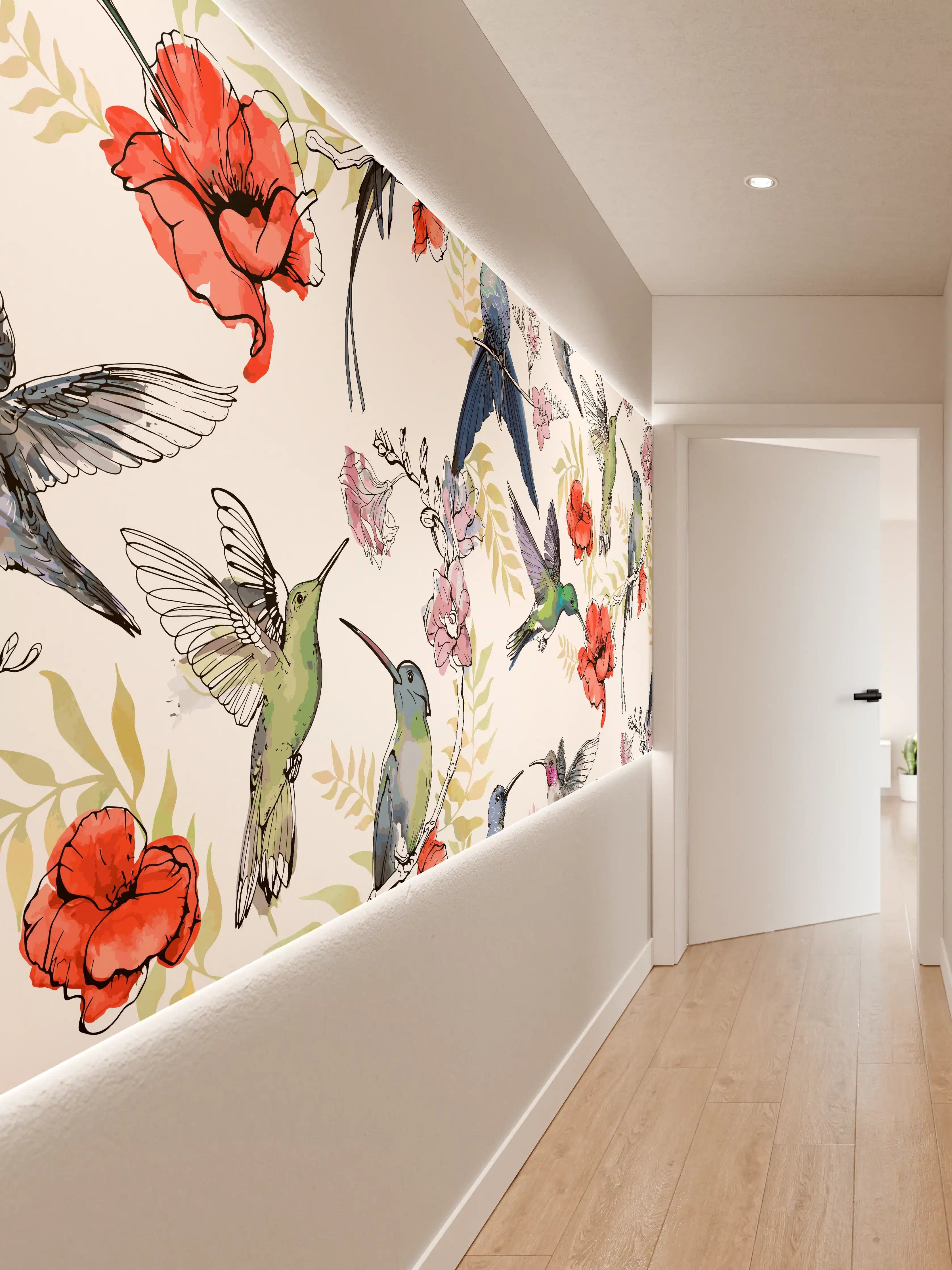 Wandverkleidung Flur - Kolibri-Blumen-Muster Textil