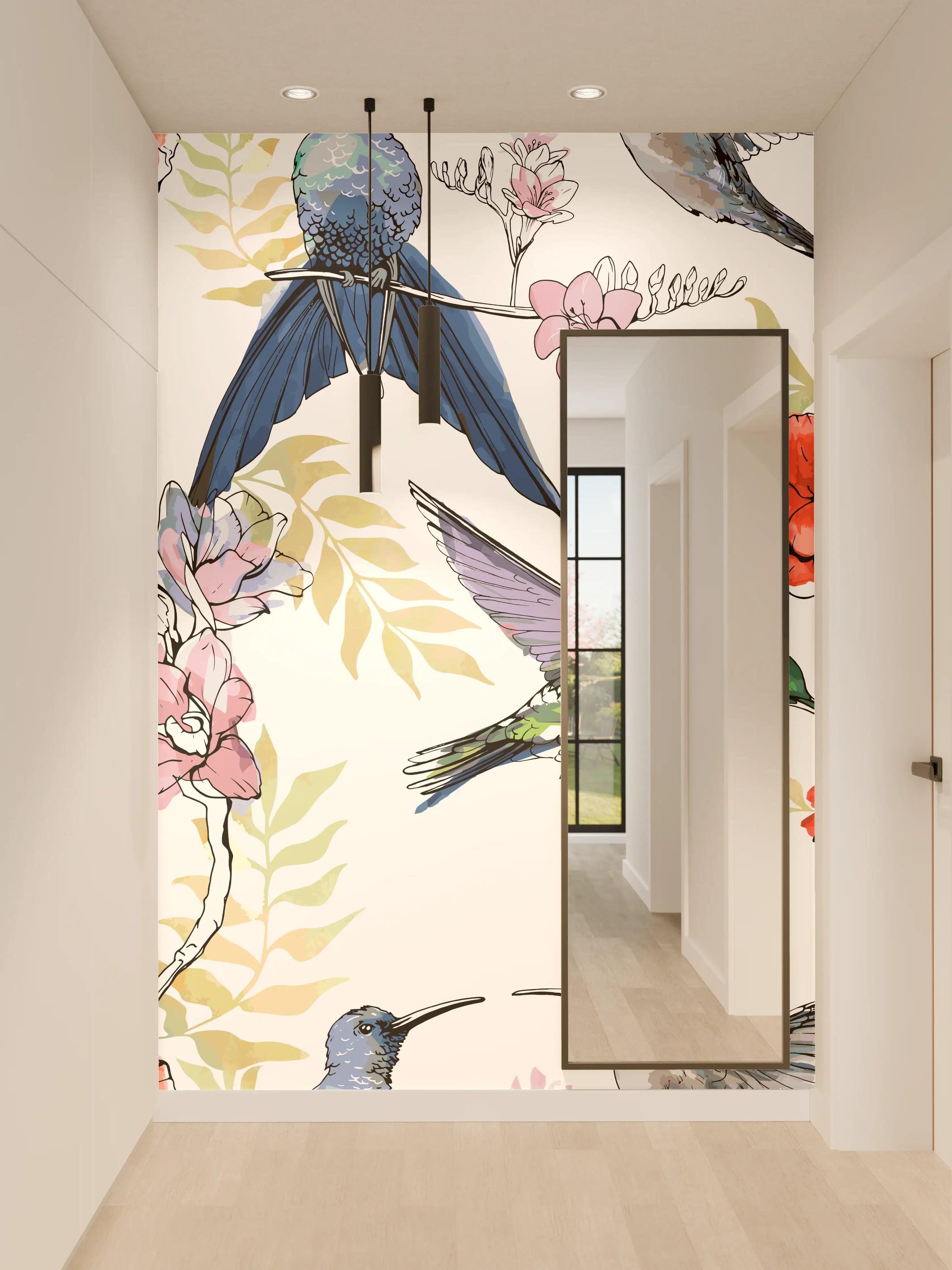 Wandverkleidung Flur - Kolibri Blumenmuster Design