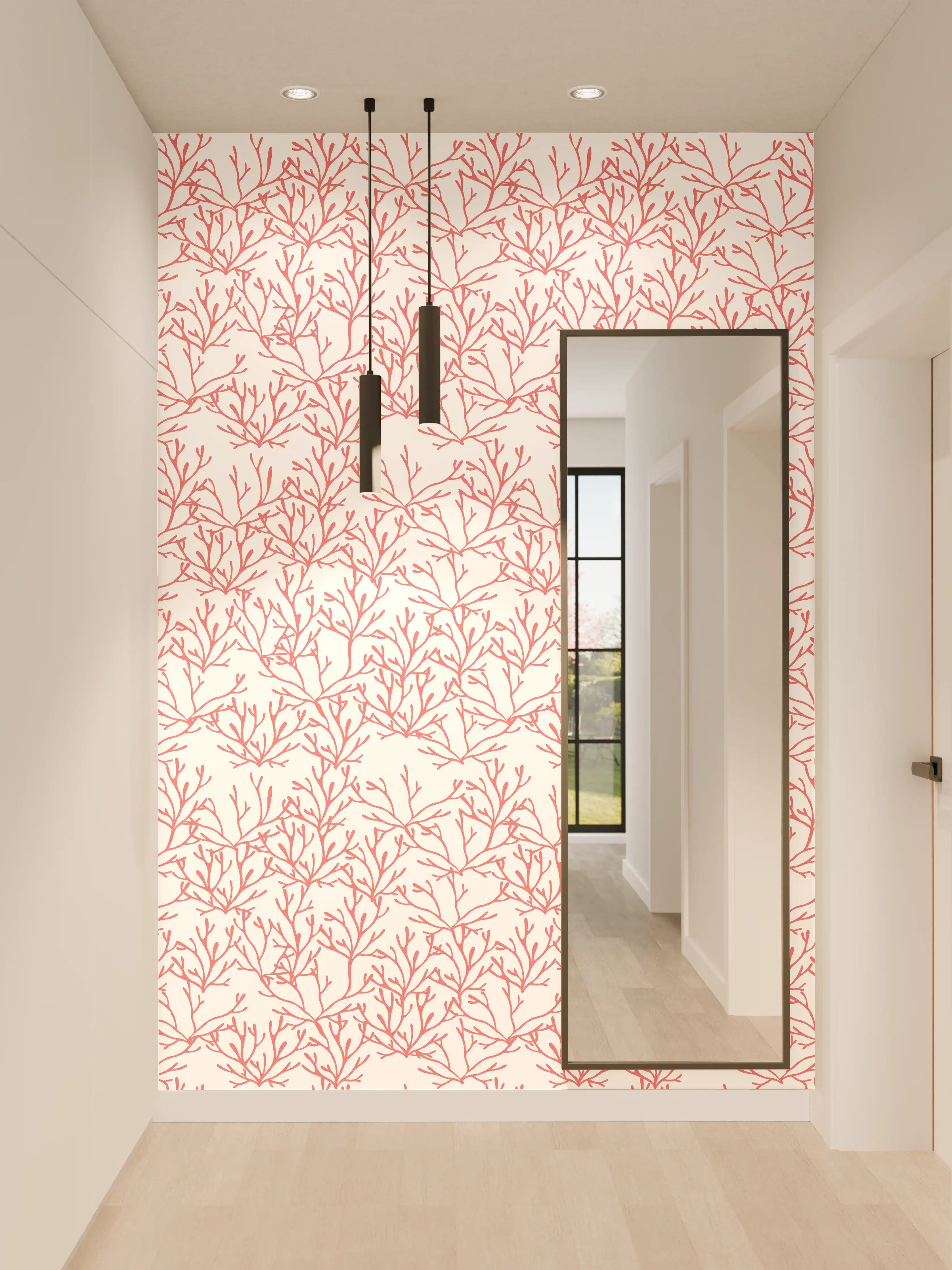 Wandverkleidung Flur - Korallenmuster Rosa auf Weiß