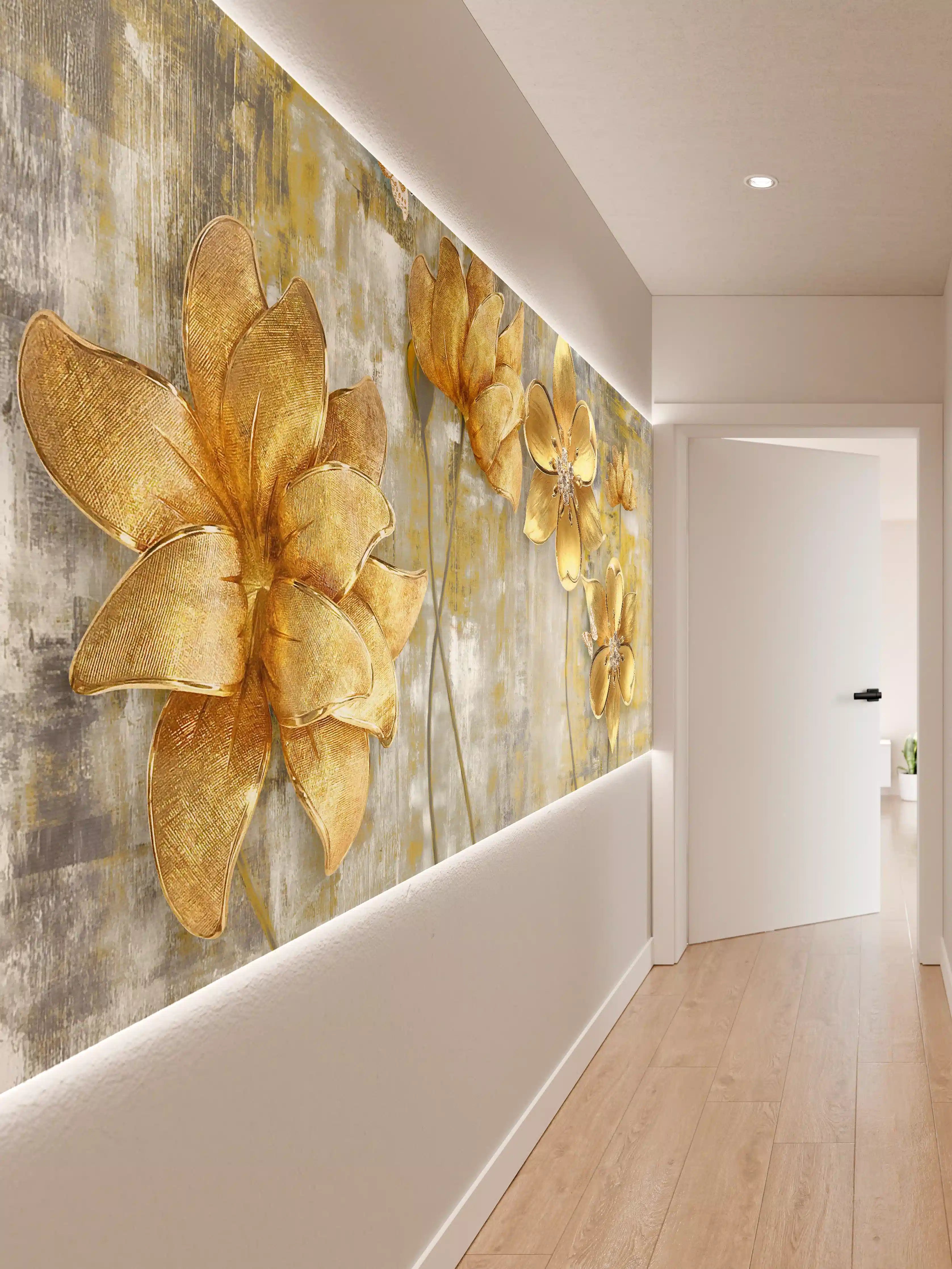Wandverkleidung Flur - Künstlerische Blattgold-Blumen