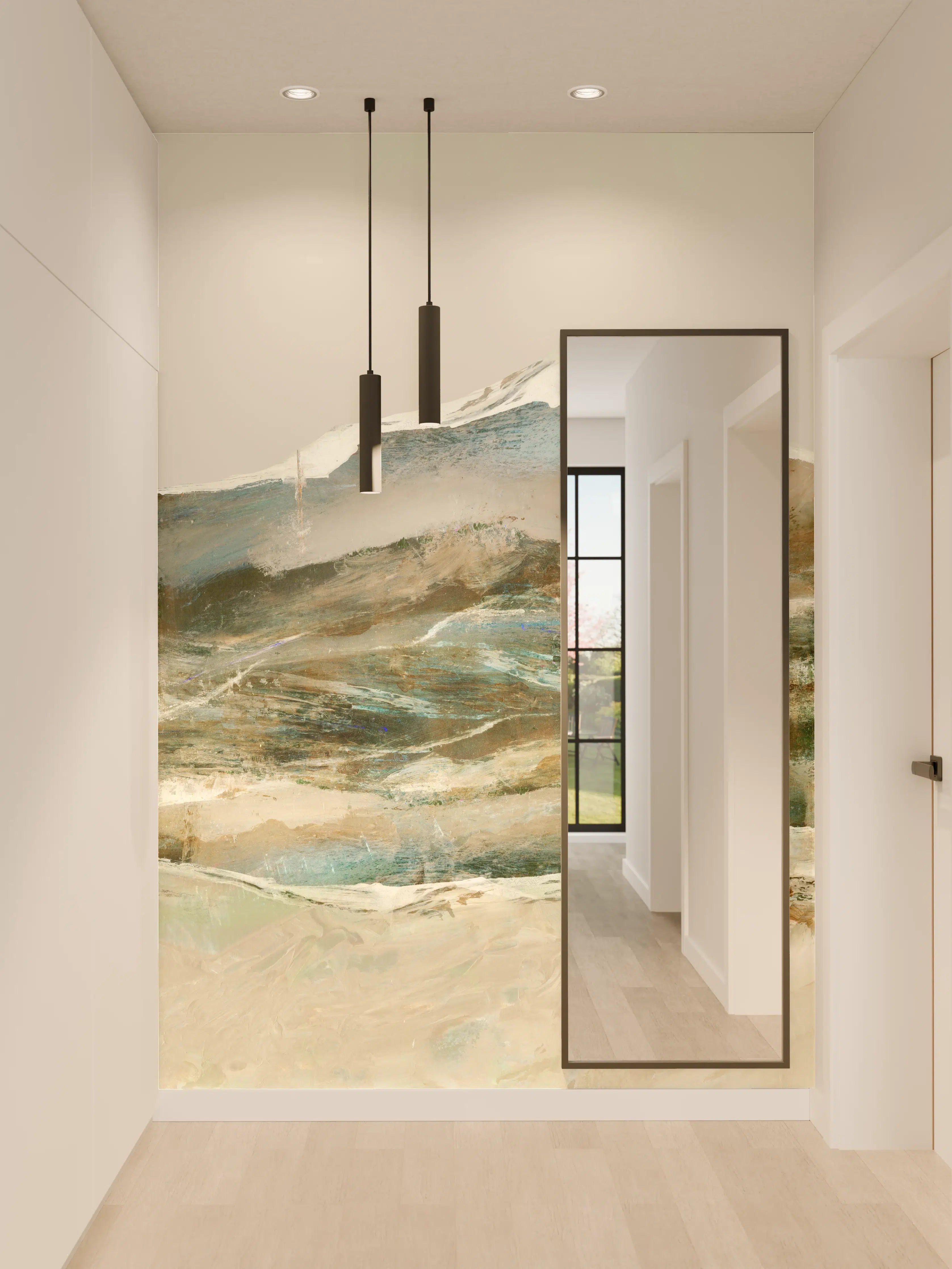 Wandverkleidung Flur - Kunstvolles Bergpanorama in Pastellfarben