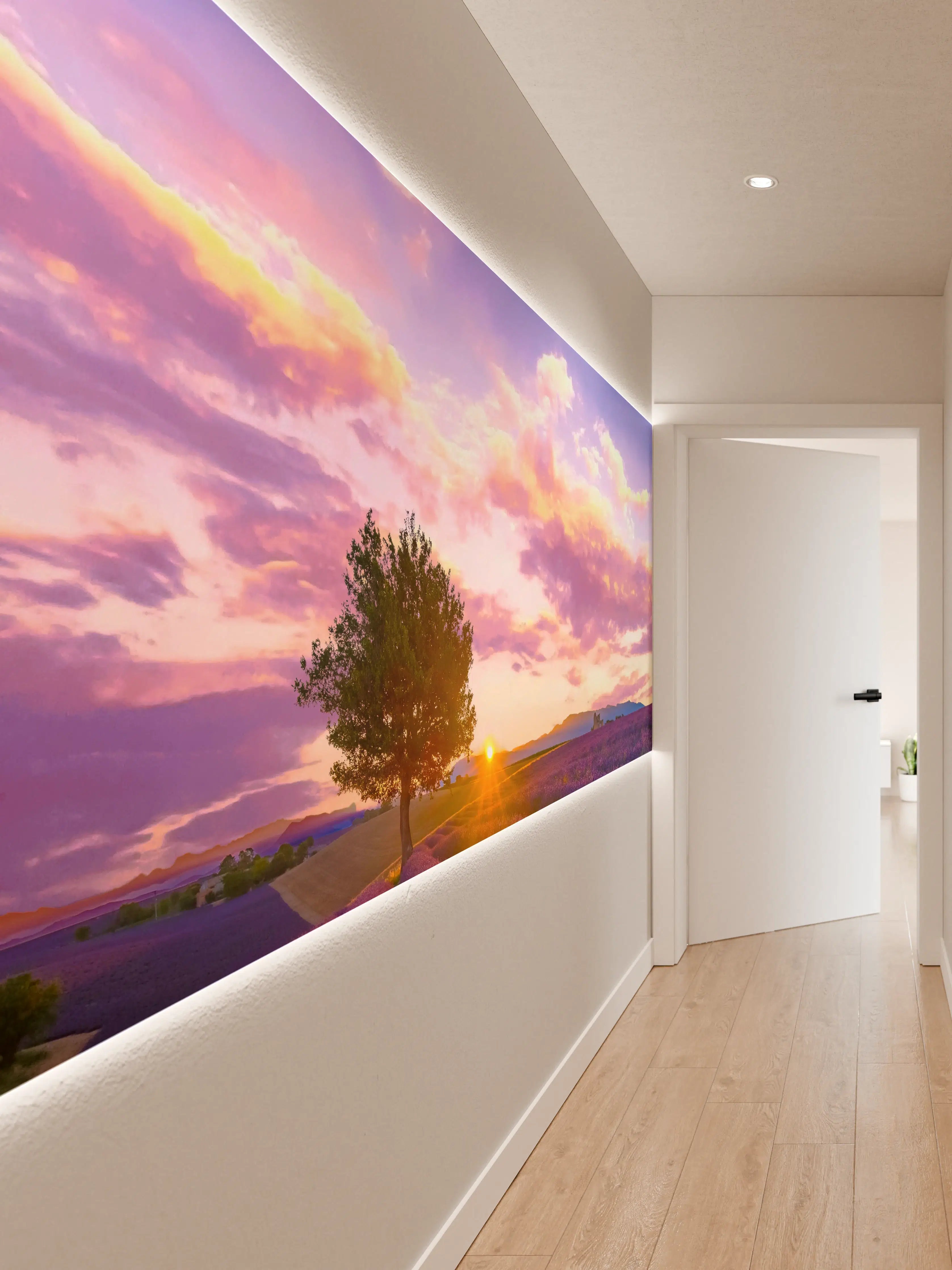 Wandverkleidung Flur - Landschaftlicher Lavendelfeld-Sonnenuntergang