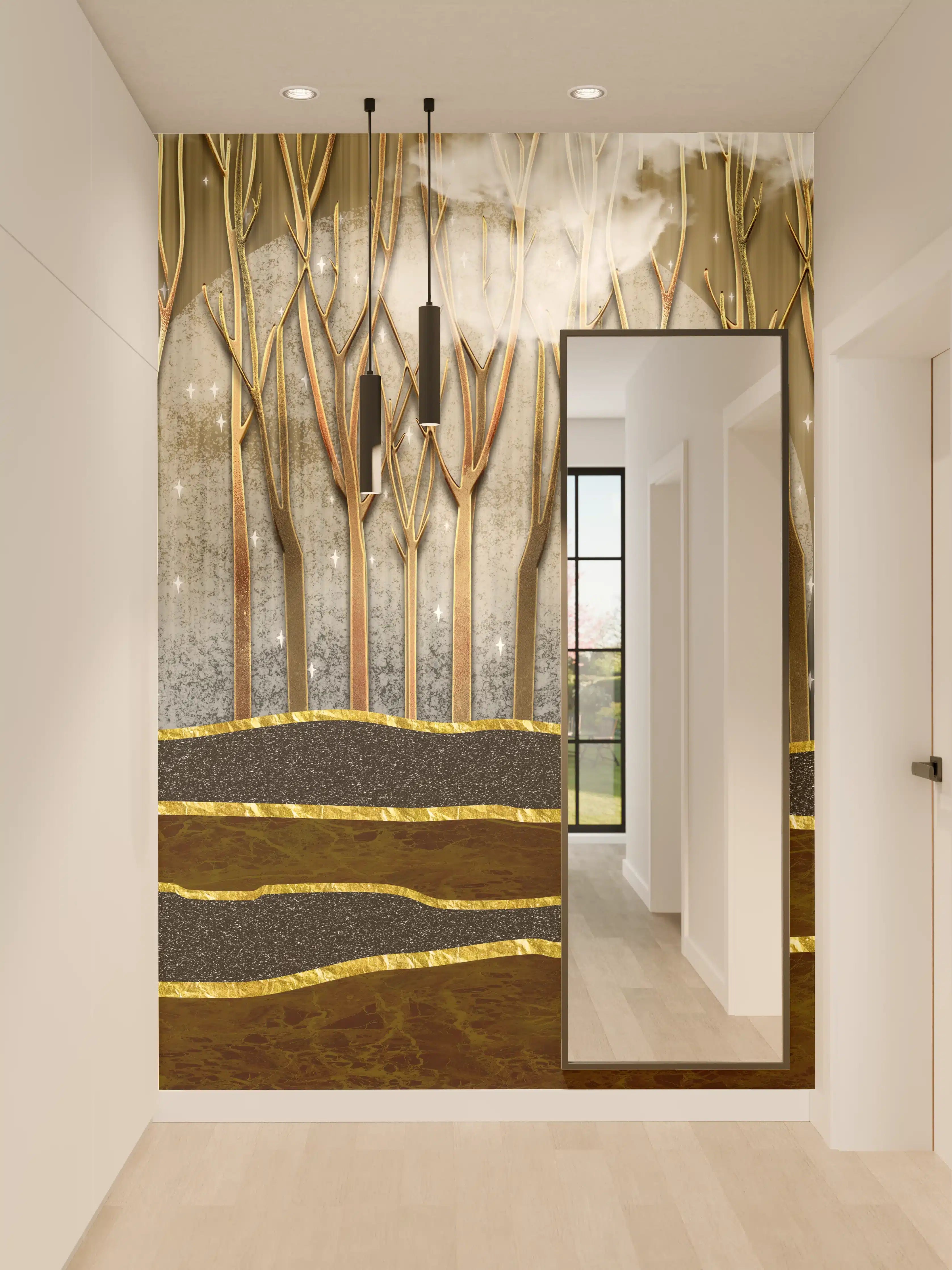 Wandverkleidung Flur - Landschafts Kunst- goldene Bäume