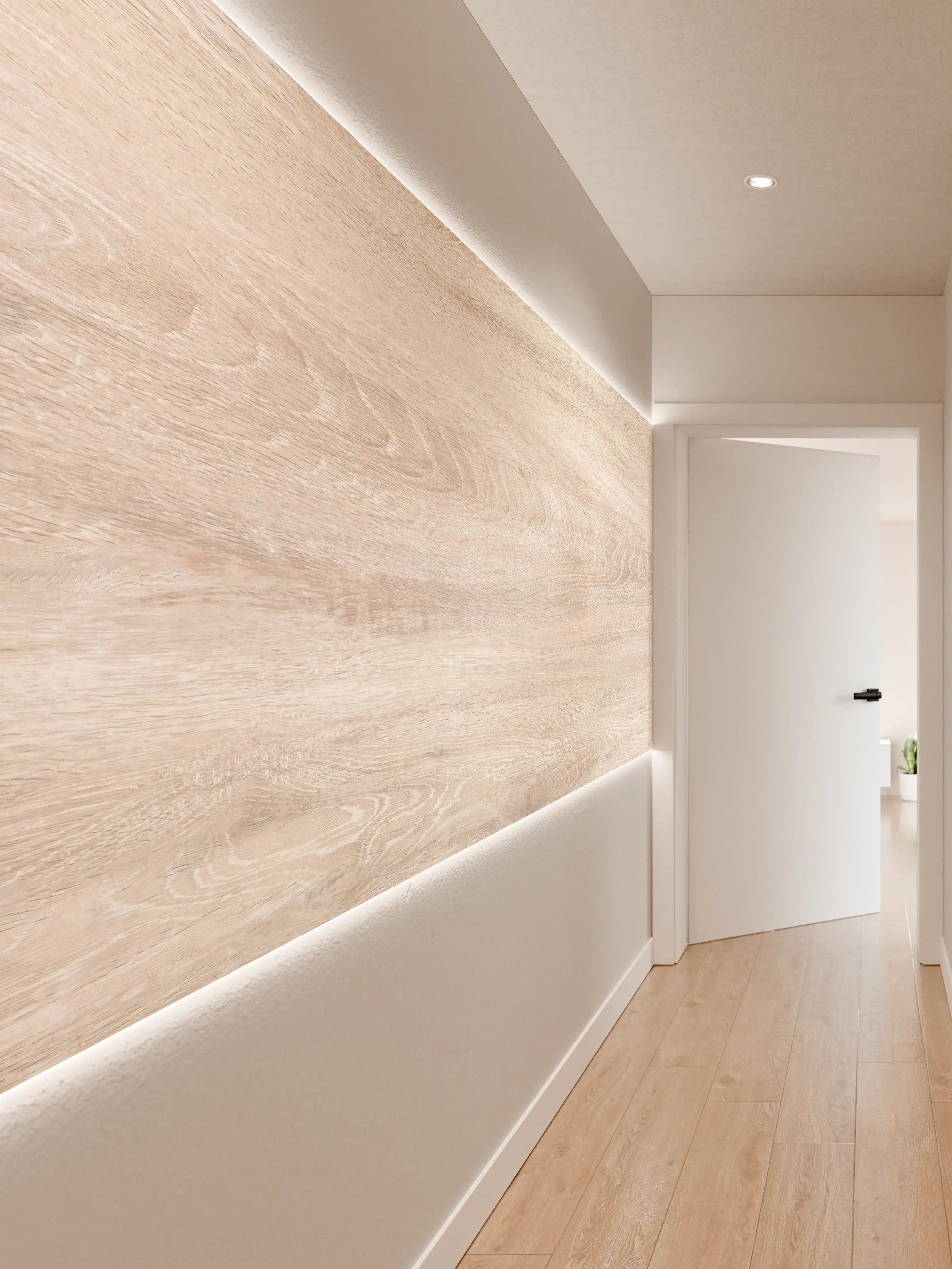 Wandverkleidung Flur - Lange beige Holzplatte