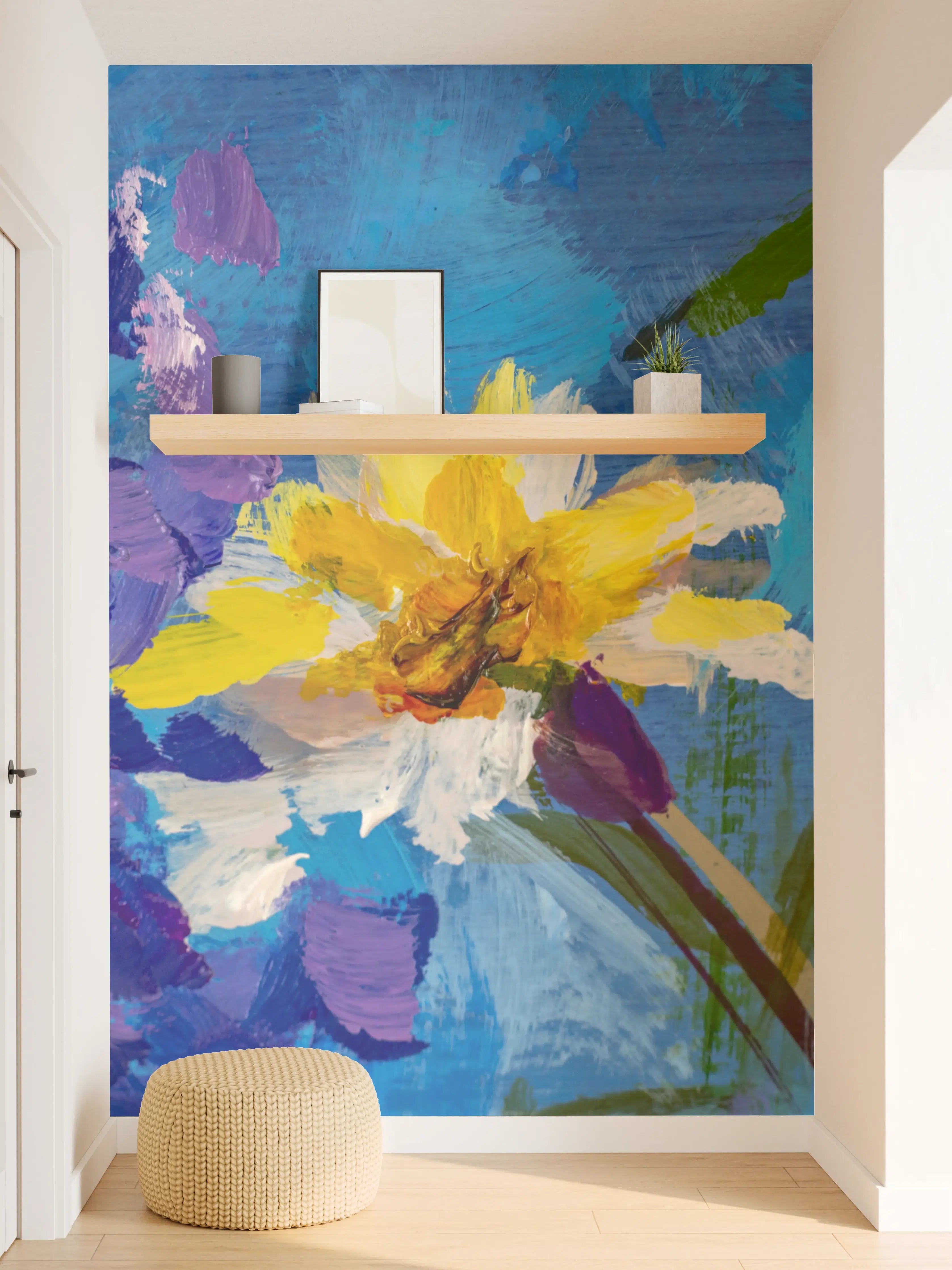 Wandverkleidung Flur - Lebendiger Blumenstrauß in zarten Grautönen