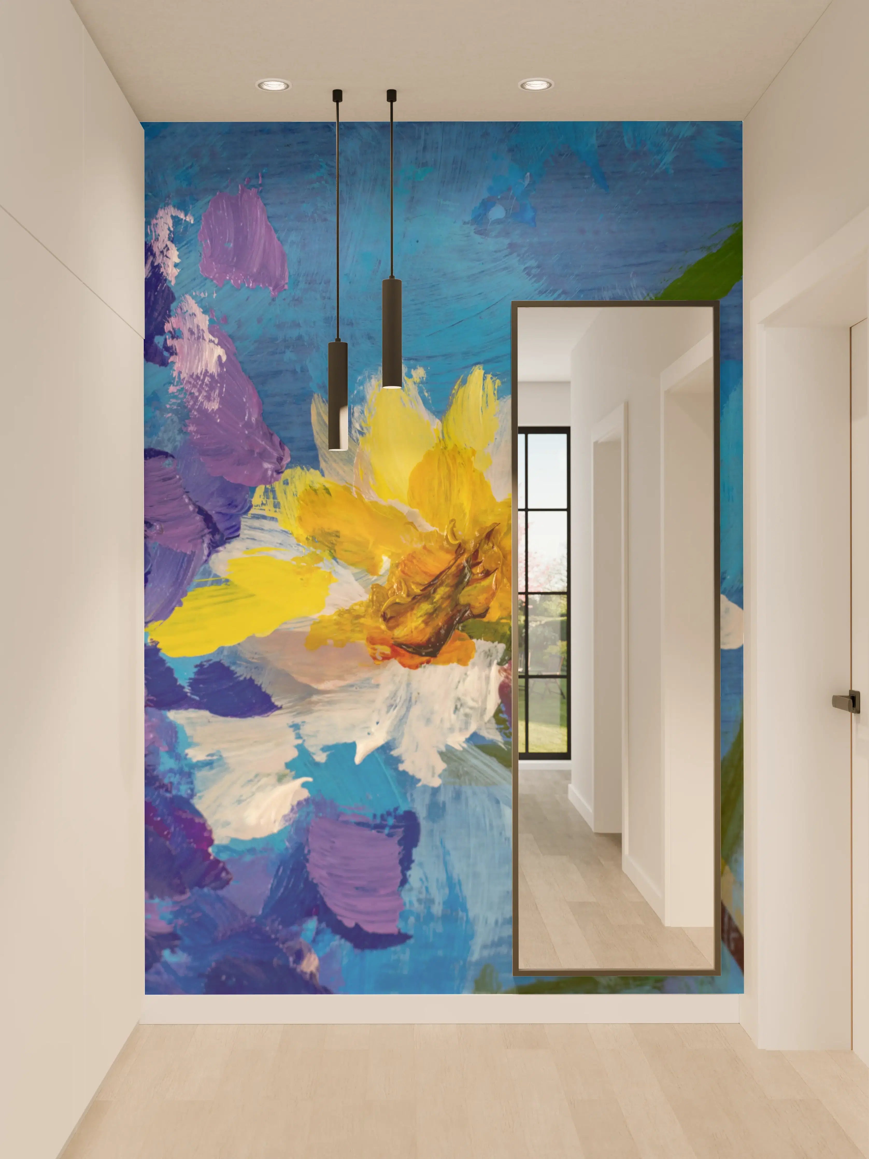 Wandverkleidung Flur - Lebendiger Blumenstrauß in zarten Grautönen