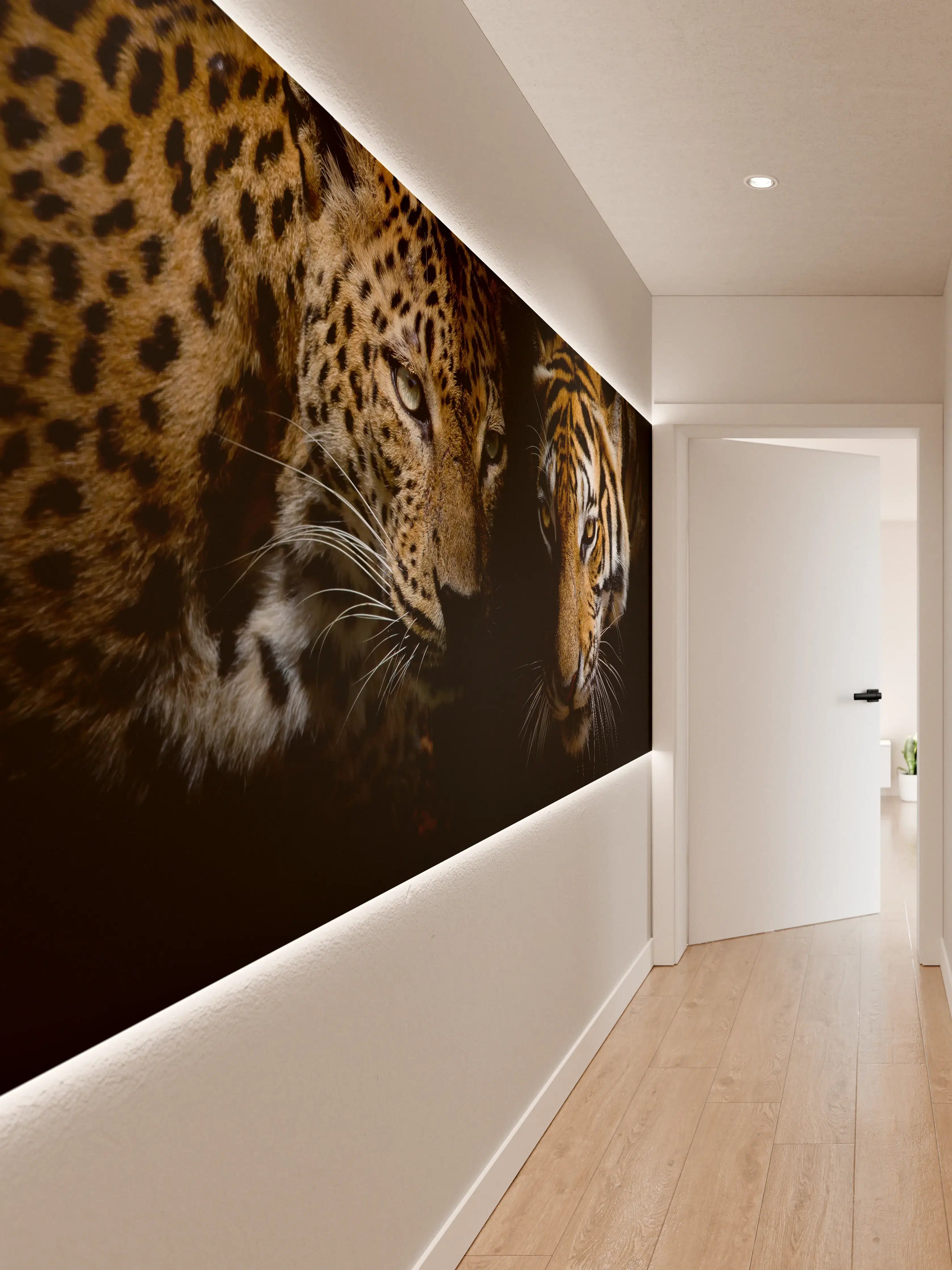 Wandverkleidung Flur - Leopard und Tiger isoliert auf schwarzen Hintergrund