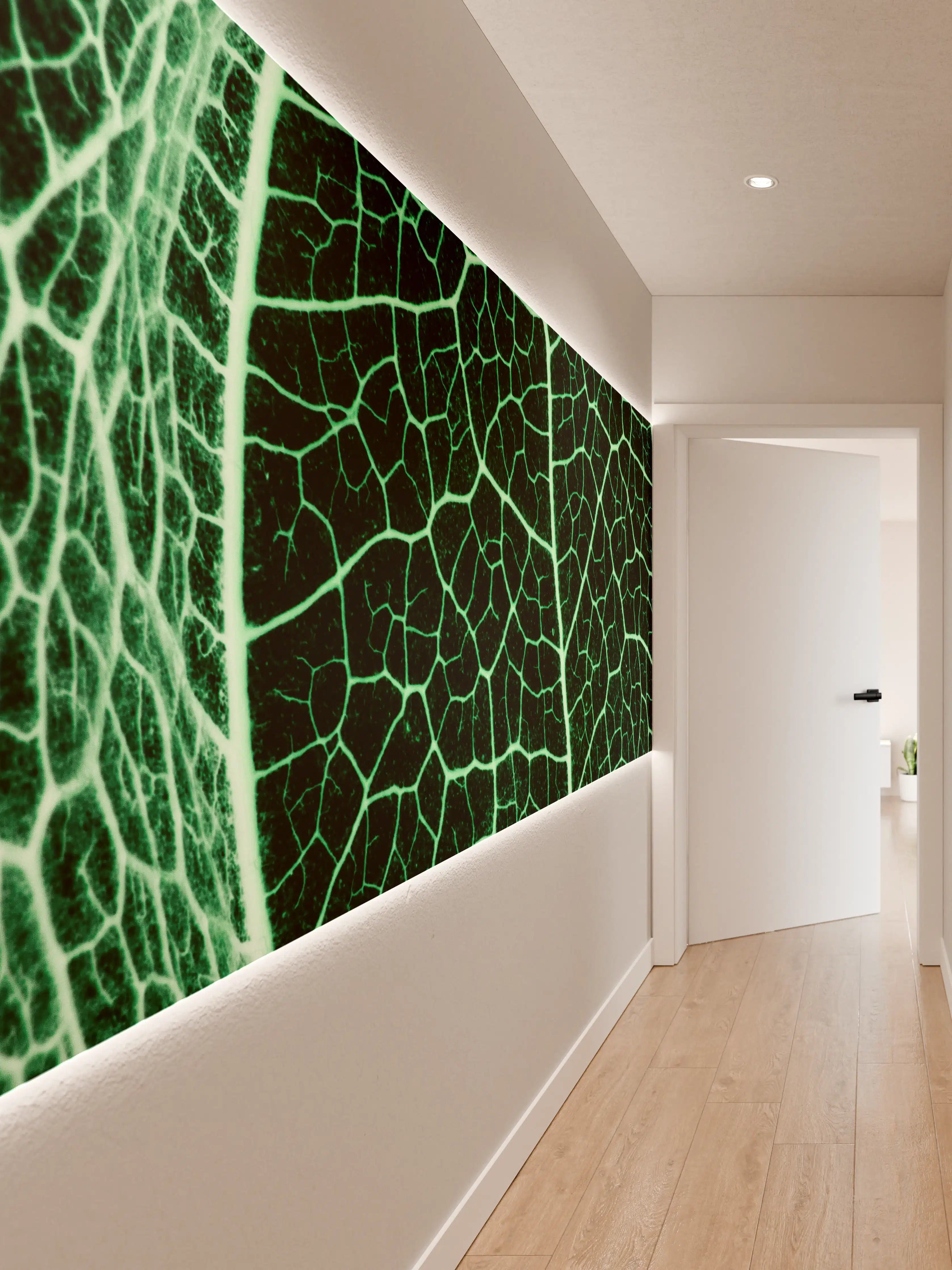 Wandverkleidung Flur - Leuchtendes Blatt mit grünen Netzstrukturen