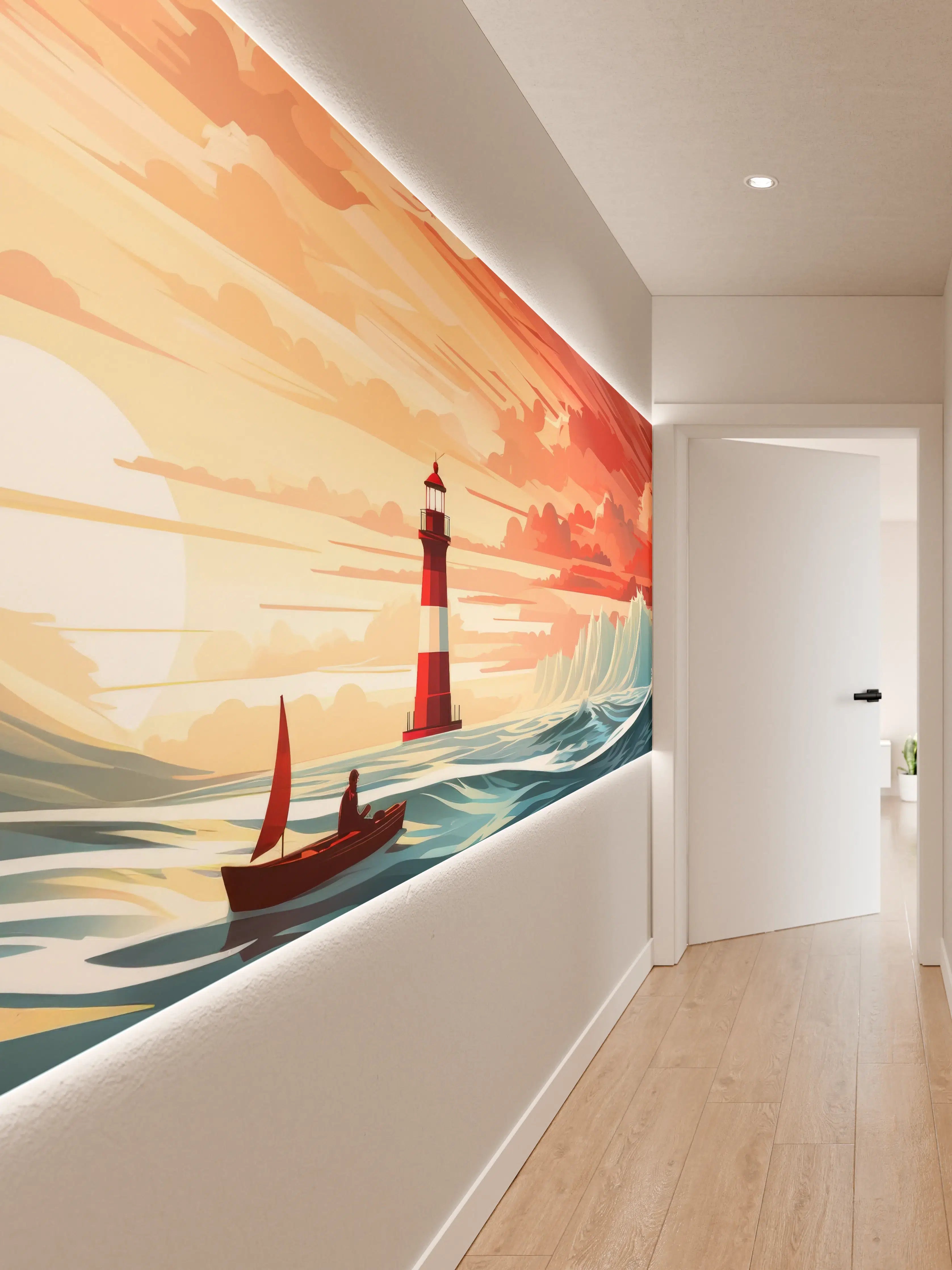 Wandverkleidung Flur - Leuchtturm am Sonnenuntergang