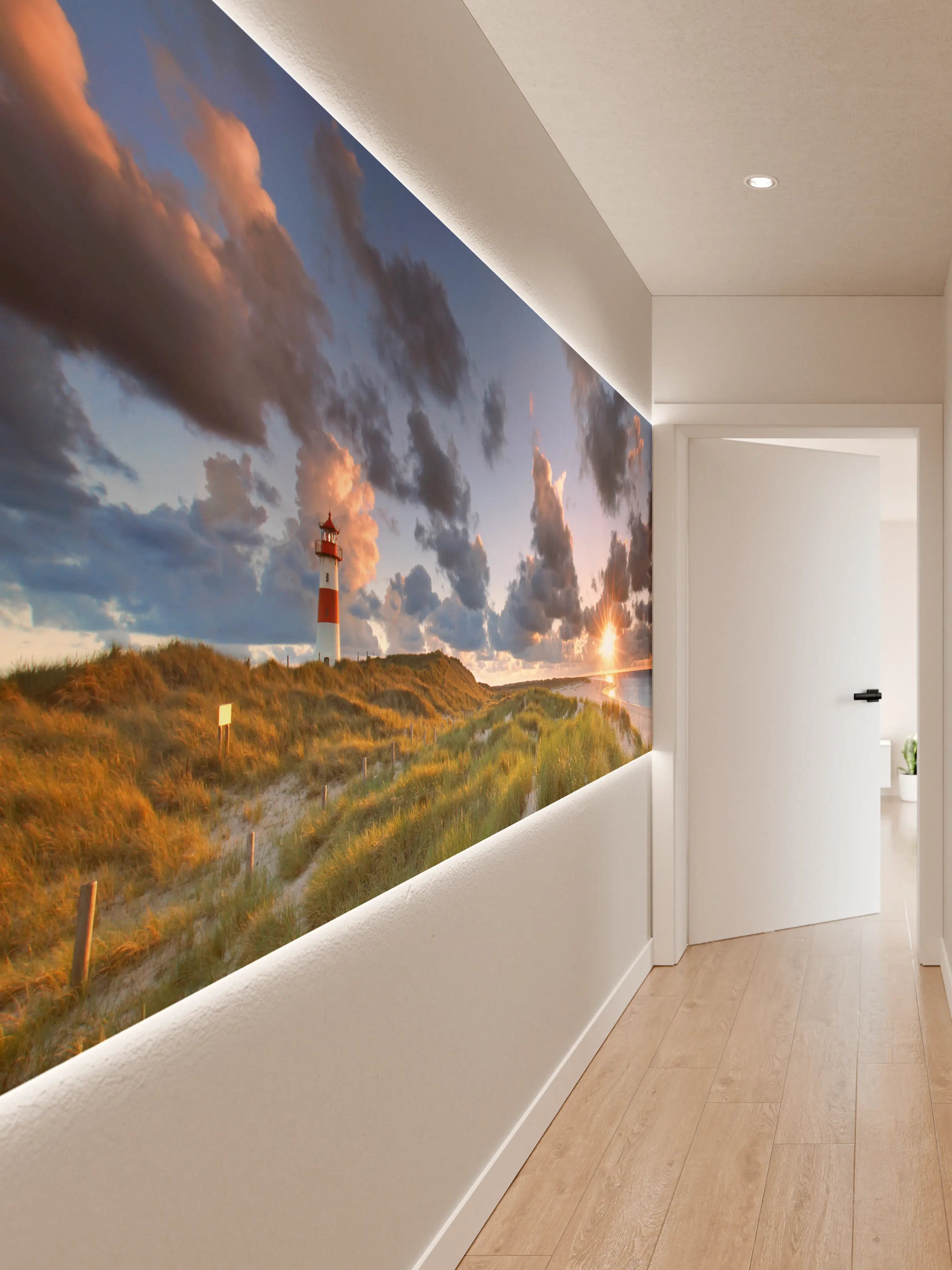 Wandverkleidung Flur - Leuchtturm an der Nordsee im Sonnenuntergang