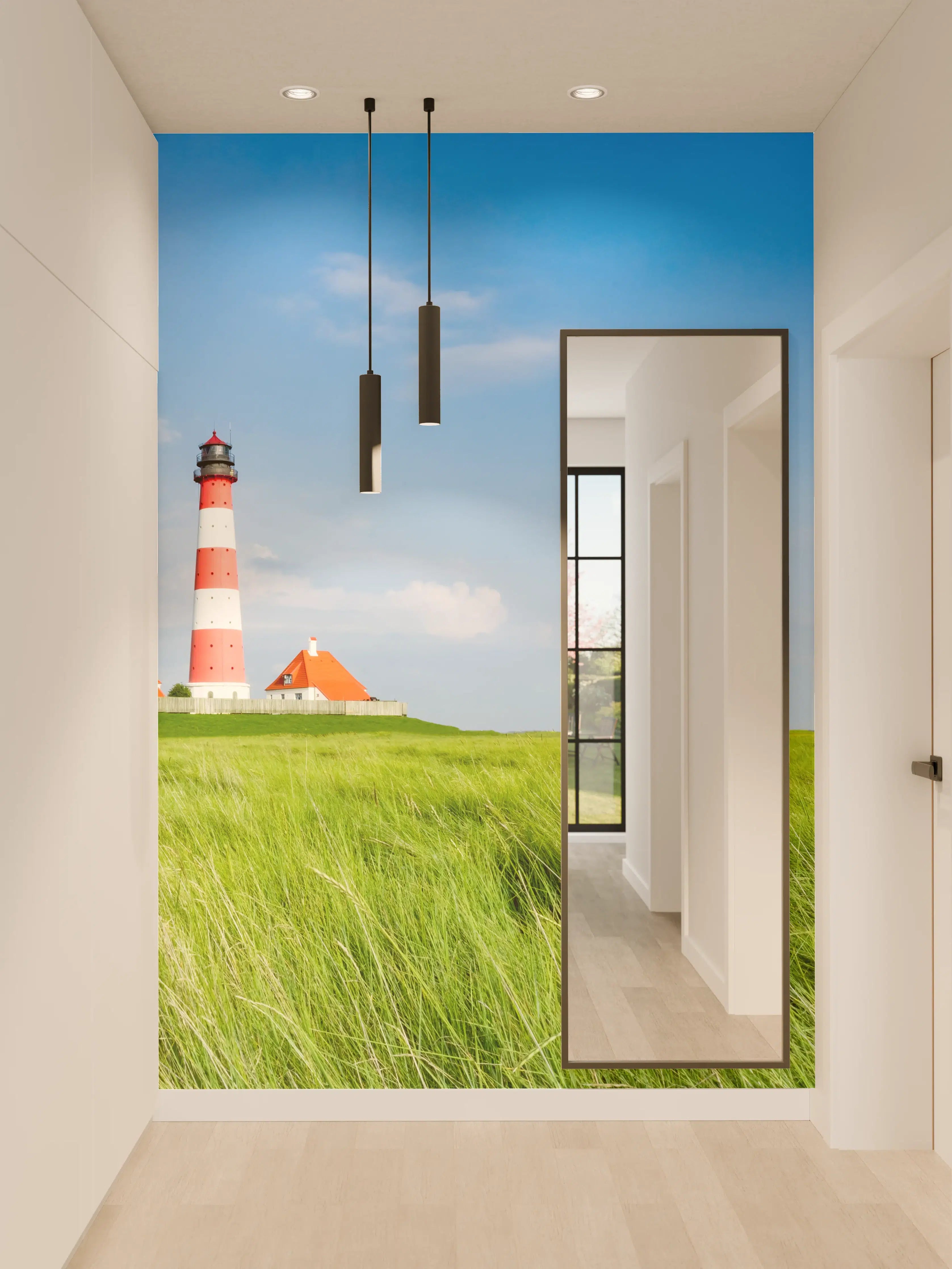 Wandverkleidung Flur - Leuchtturm in der grünen Landschaft