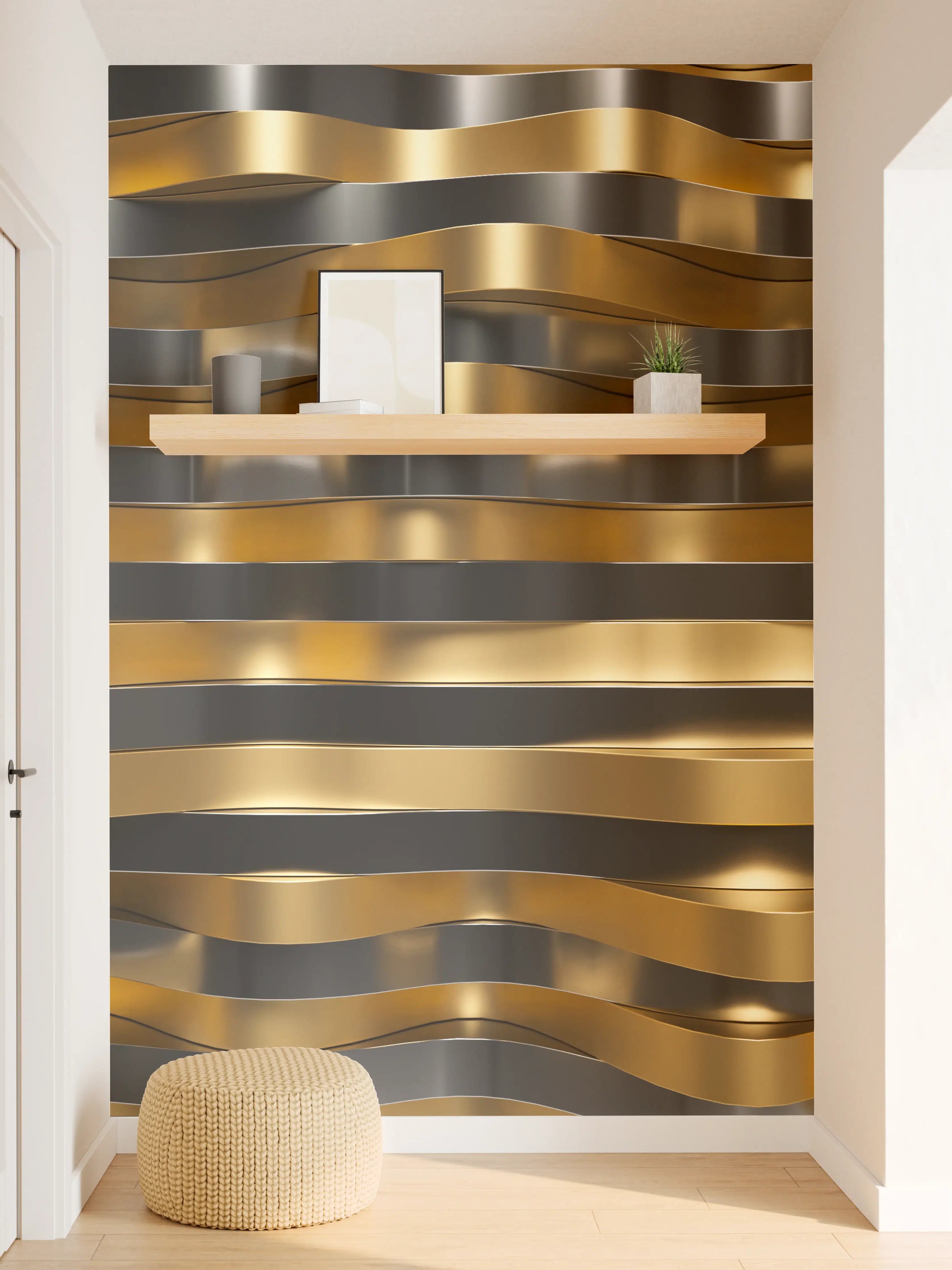 Wandverkleidung Flur - Luxuriöse gold-schwarze Metall-Oberfläche mit Wellenmuster