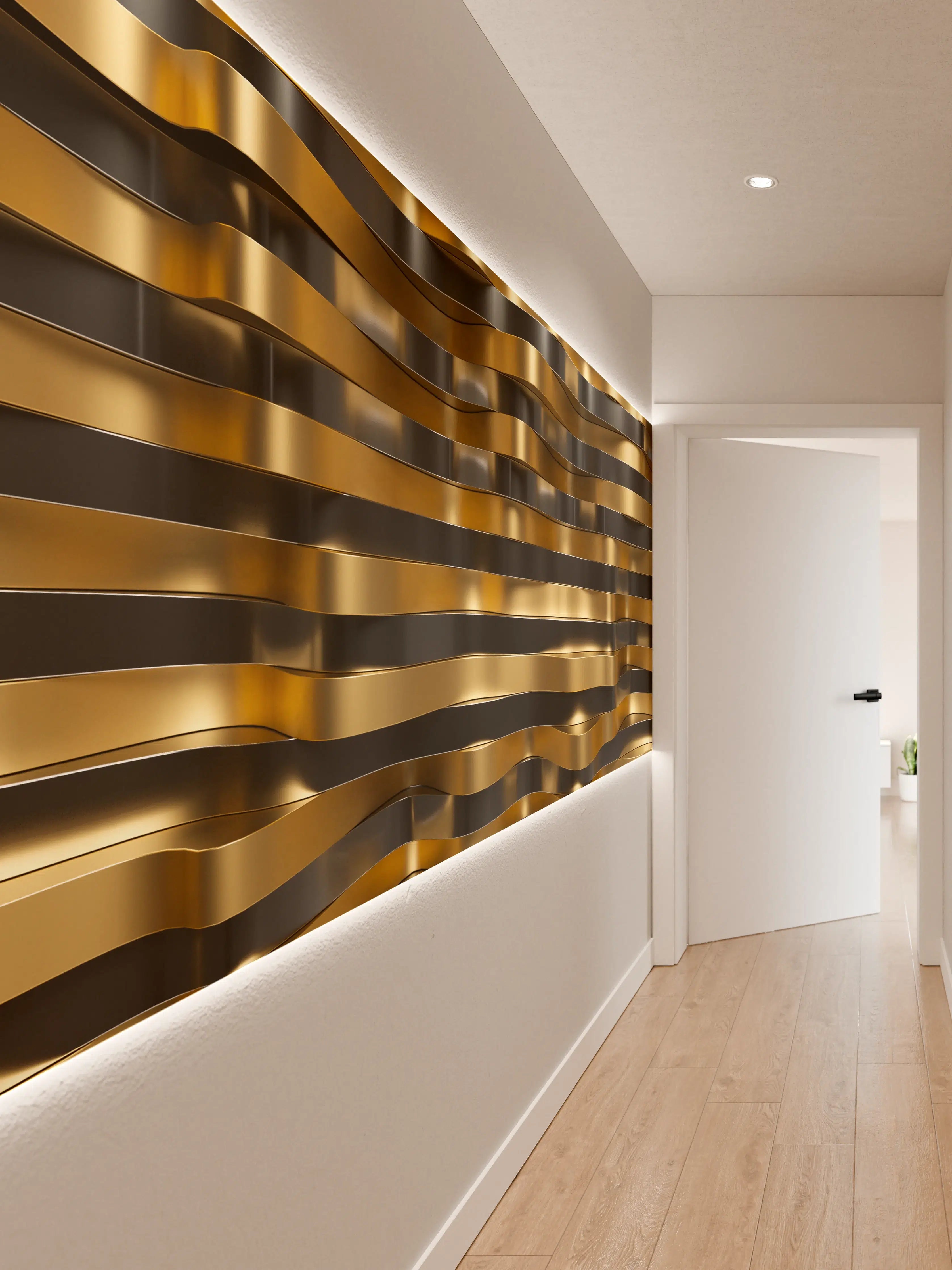 Wandverkleidung Flur - Luxuriöse gold-schwarze Metall-Oberfläche mit Wellenmuster