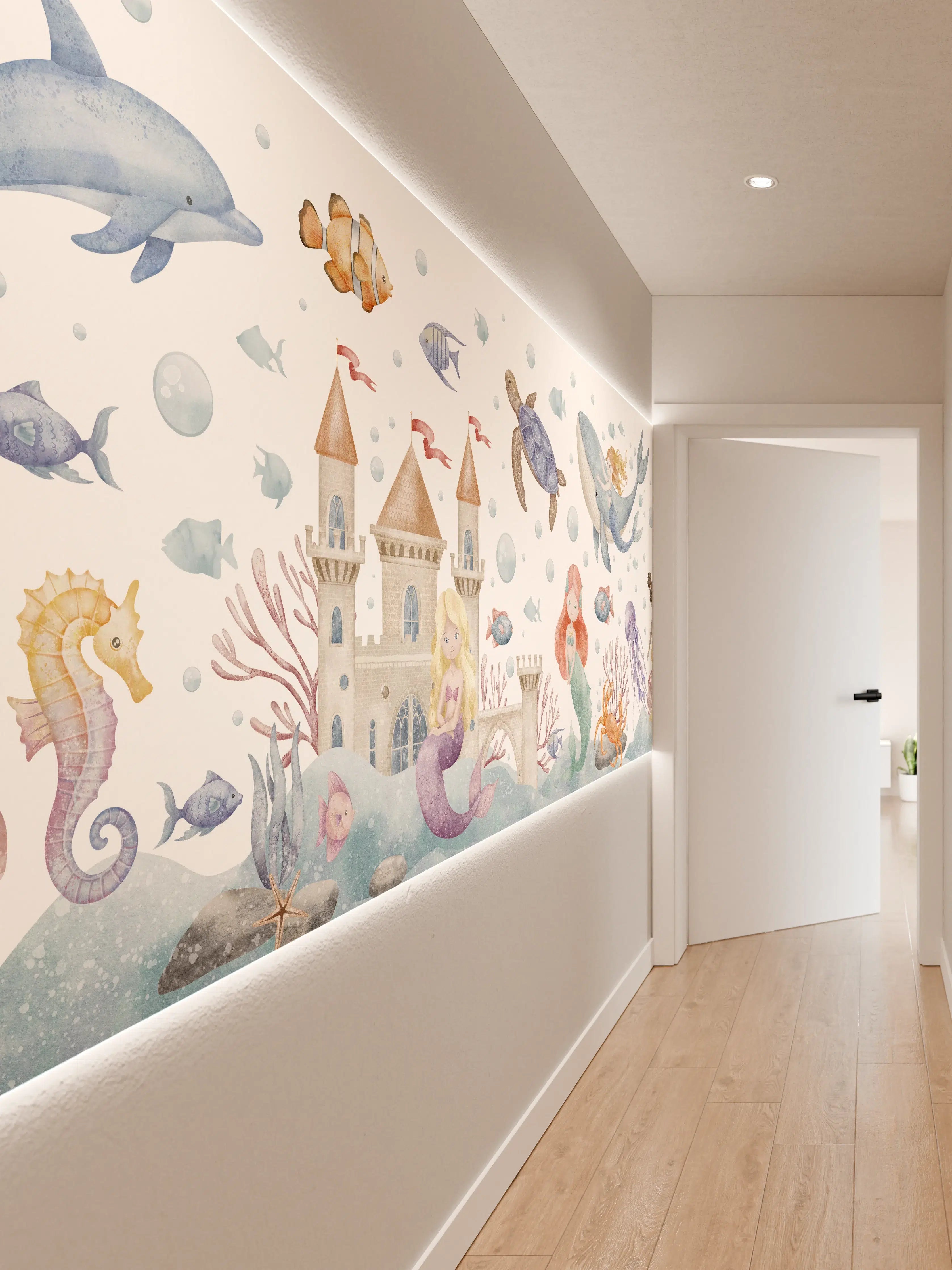 Wandverkleidung Flur - Märchenhafte Unterwasserwelt mit Meerjungfrau und Meerestieren