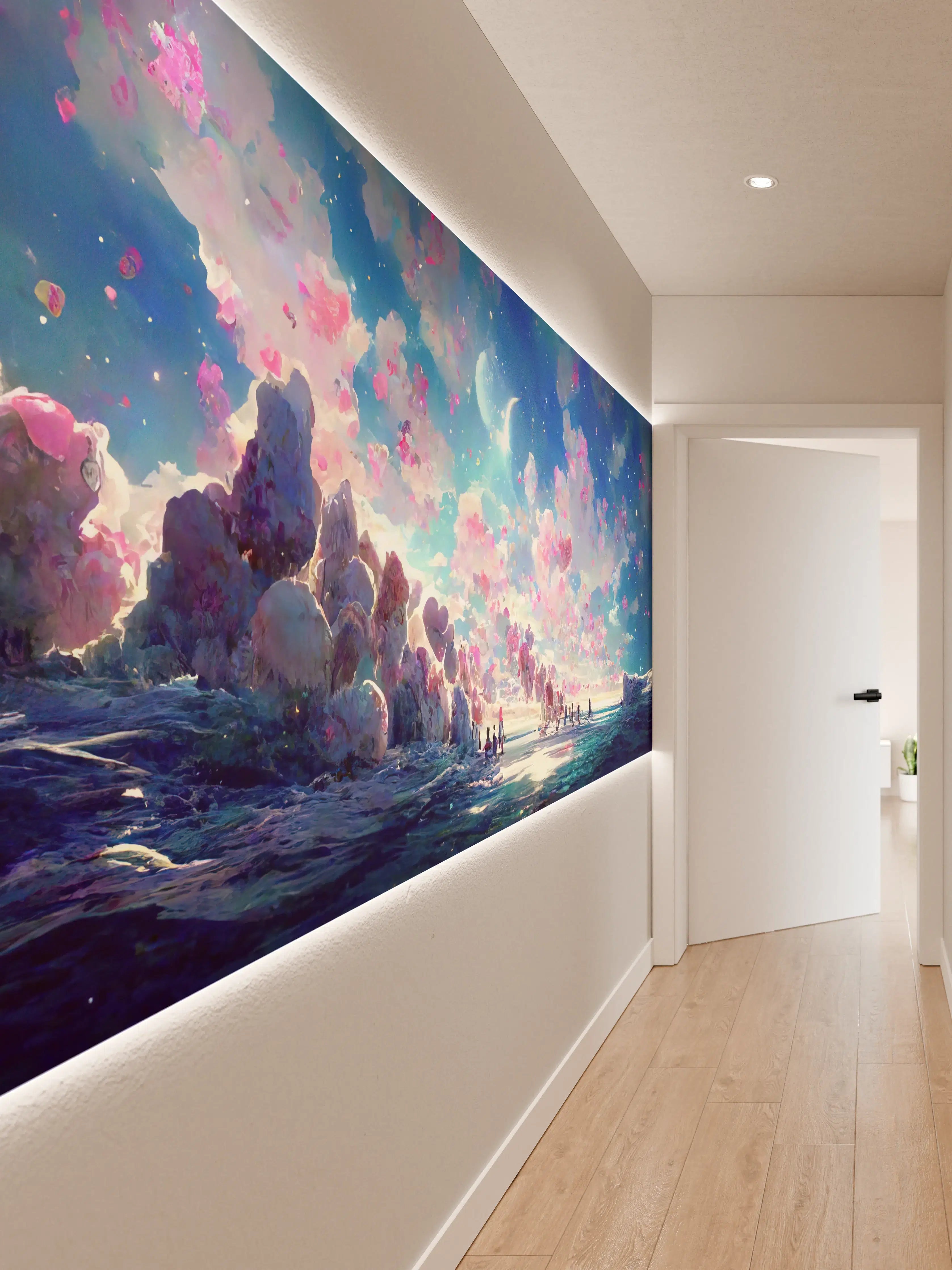 Wandverkleidung Flur - Magische Himmelslandschaft Rosa Blau