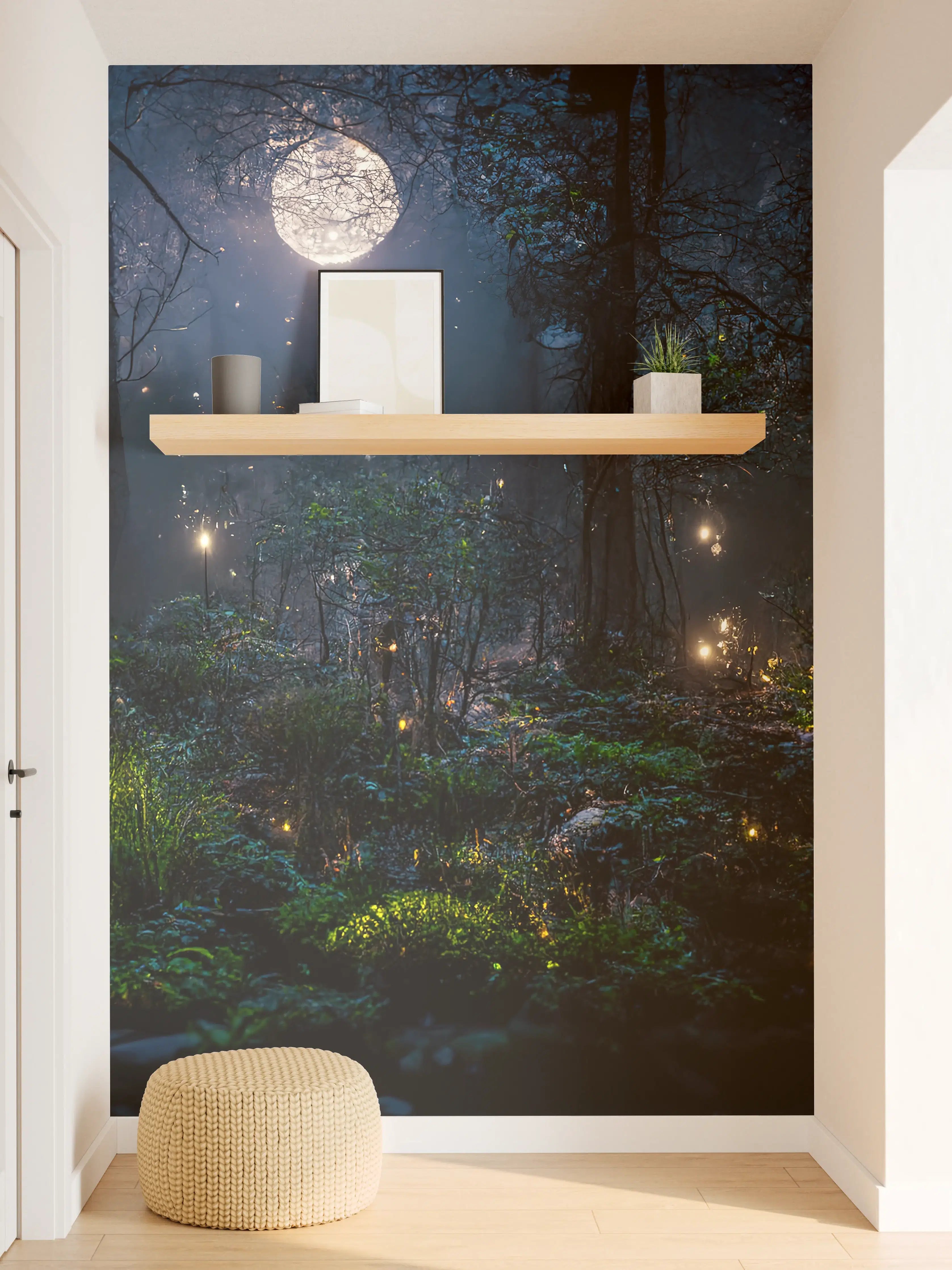 Wandverkleidung Flur - Magische Nacht im dunklen Wald mit leuchtenden Pixeleffekten