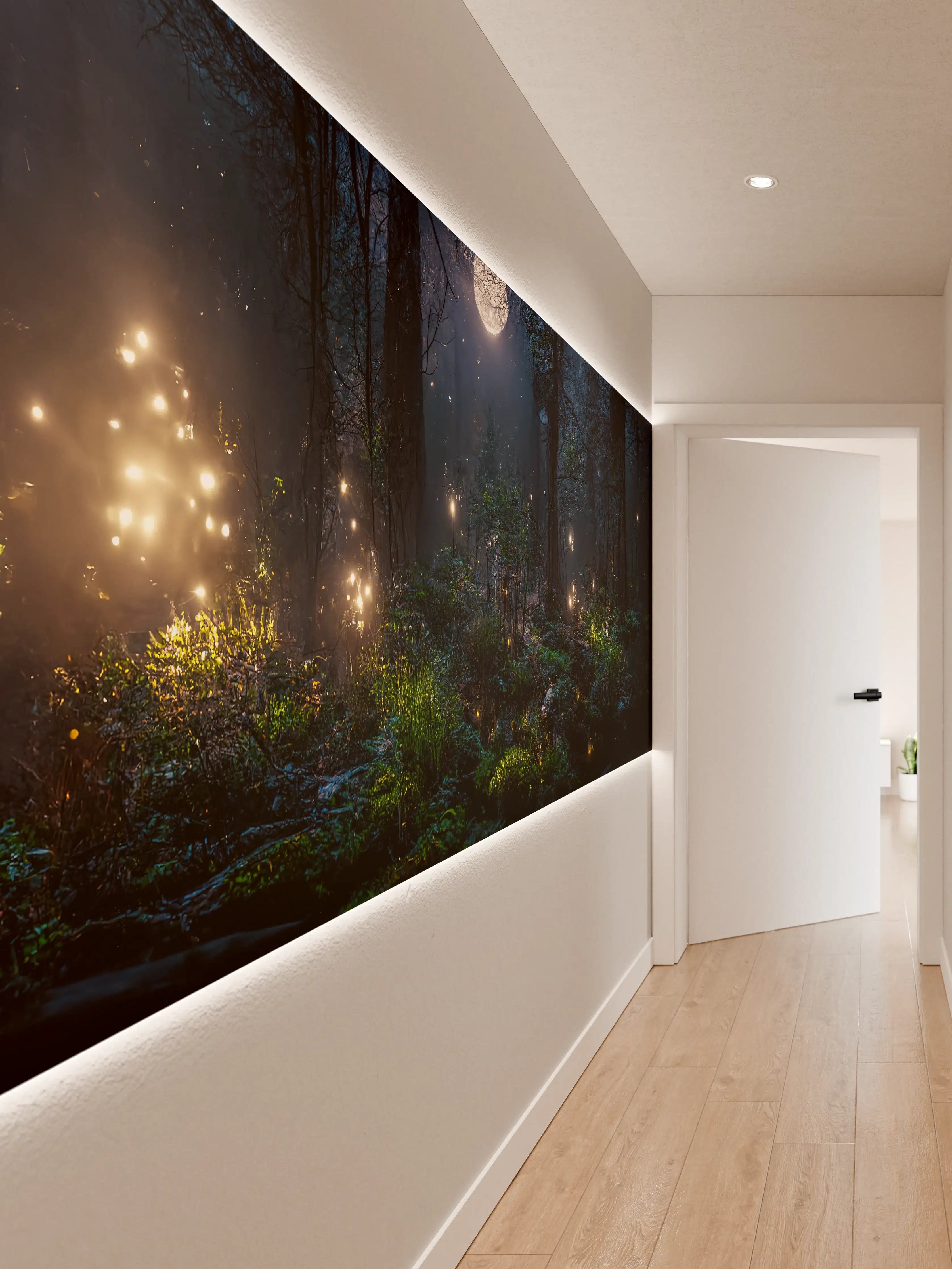 Wandverkleidung Flur - Magische Nacht im dunklen Wald mit leuchtenden Pixeleffekten