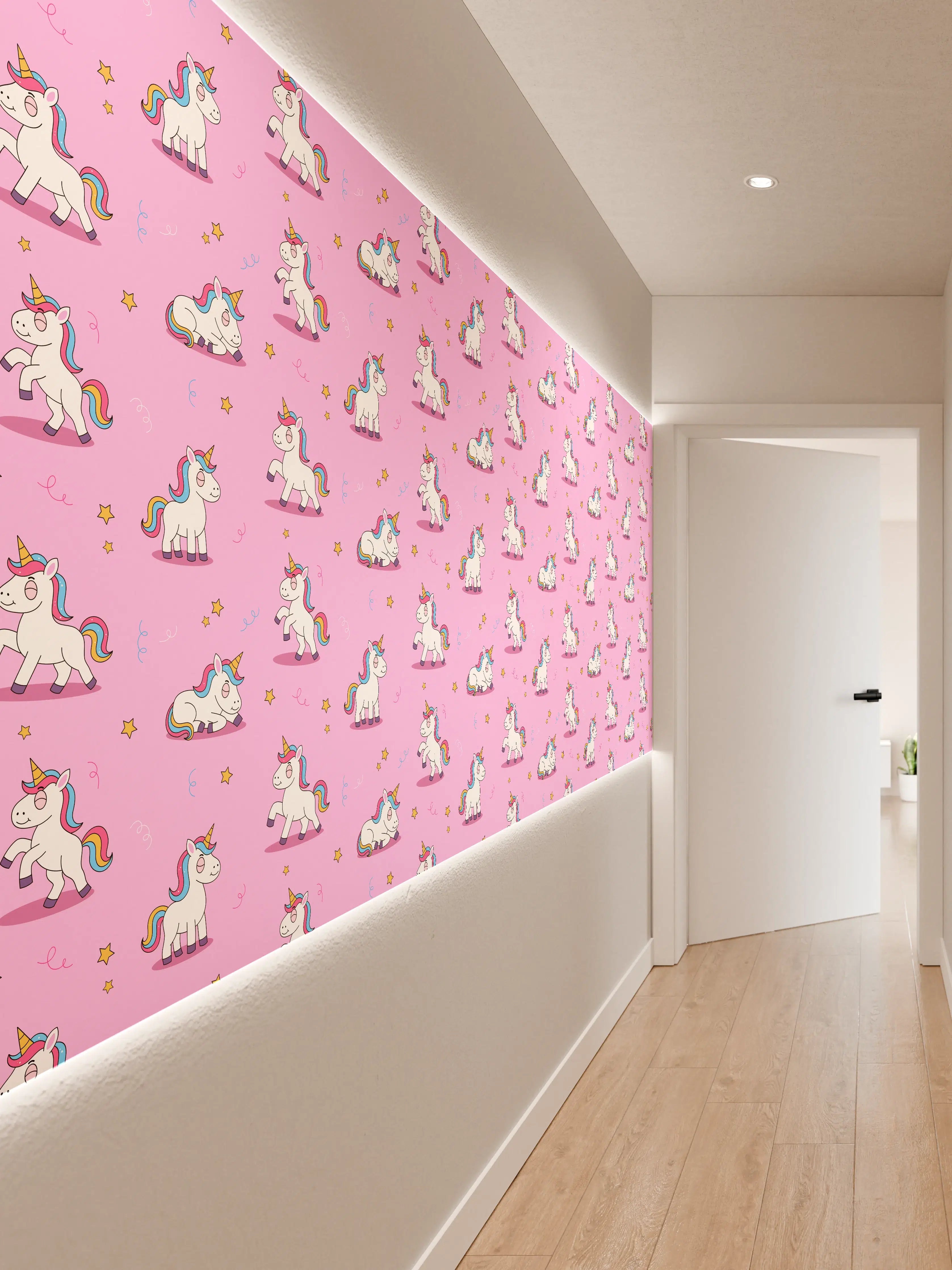 Wandverkleidung Flur - Magisches Einhorn-Muster in Pastellrosa