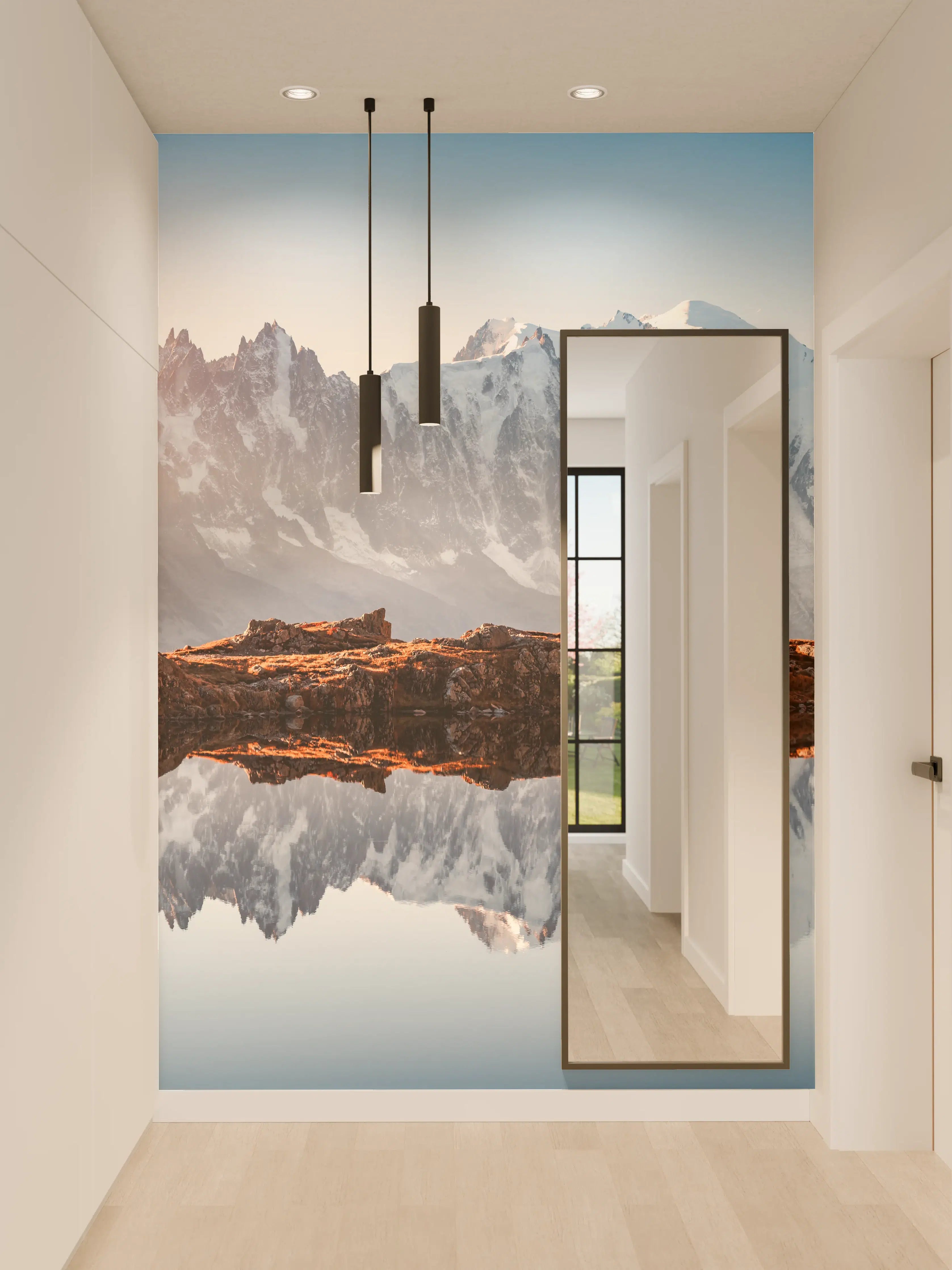 Wandverkleidung Flur - Majestätische Bergkulisse mit Spiegelung